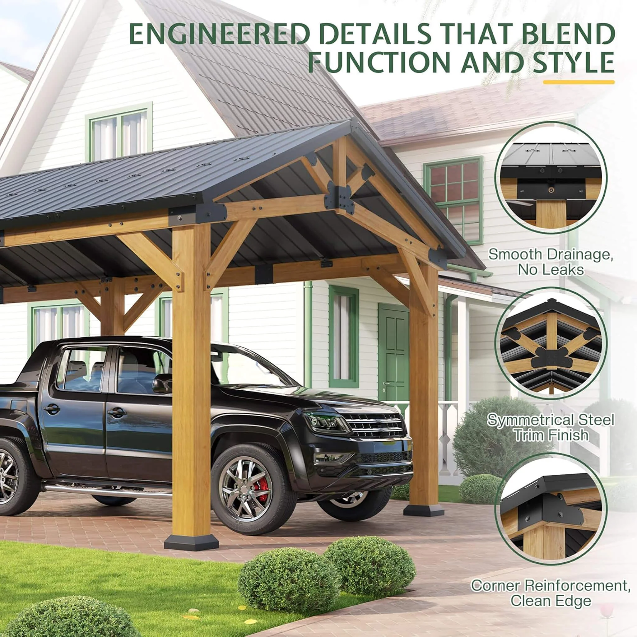 [12X24FT] Alora Large Heavy-Duty Outdoor Cedar Wood Hardtop Carport With Galvanized Steel Roof (SAK48392) - Image 8