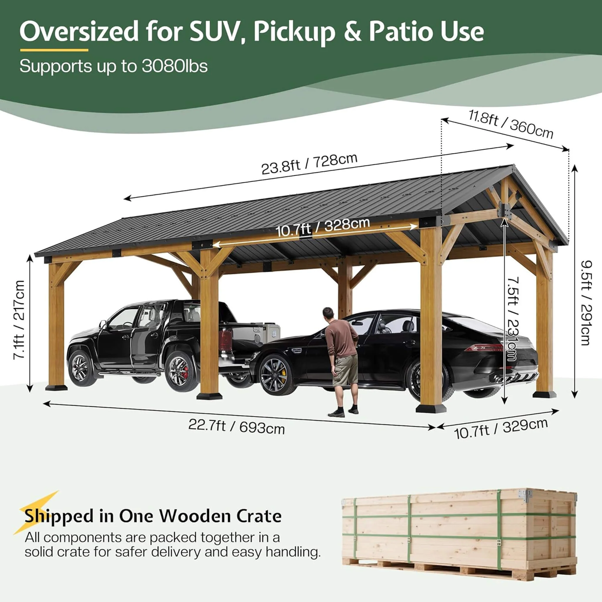 [12X24FT] Alora Large Heavy-Duty Outdoor Cedar Wood Hardtop Carport With Galvanized Steel Roof (SAK48392) - Image 9