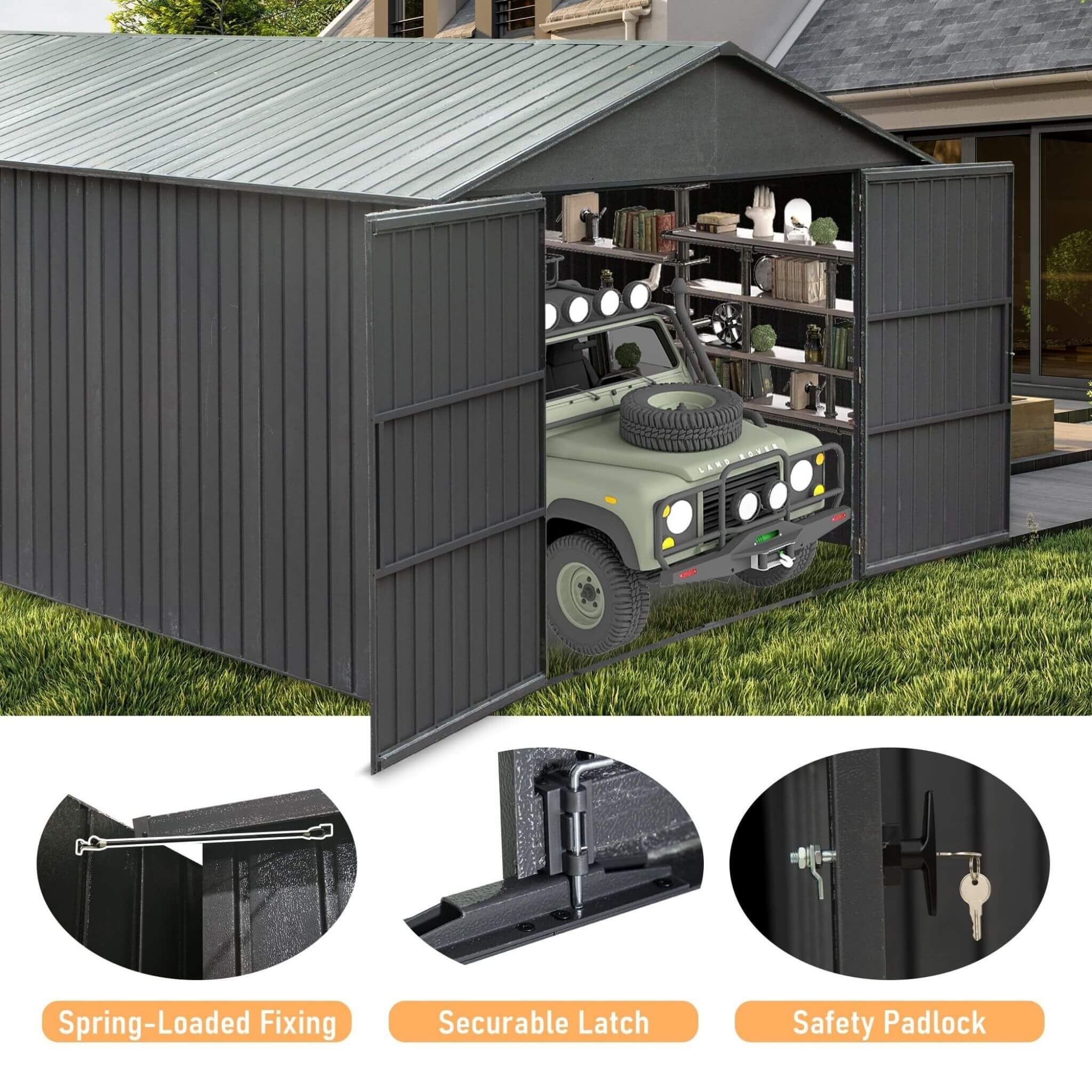 [12X25FT] Alora Extra Large Heavy-Duty Outdoor Metal Carport Garage Shed With Lockable Double Hinged Doors (SAK34153) - Image 10