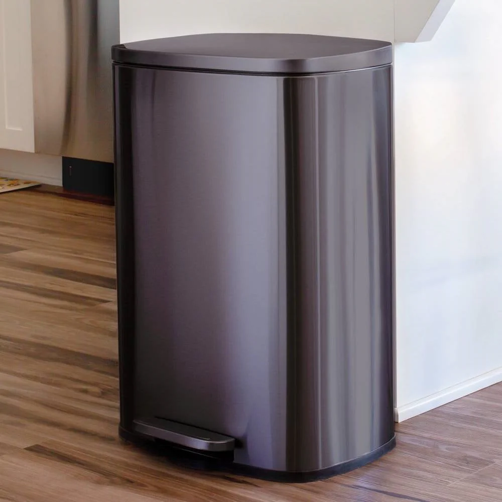 13 Gallon Black Stainless Steel Kitchen Trash Can with Step Open Lid - Image 2