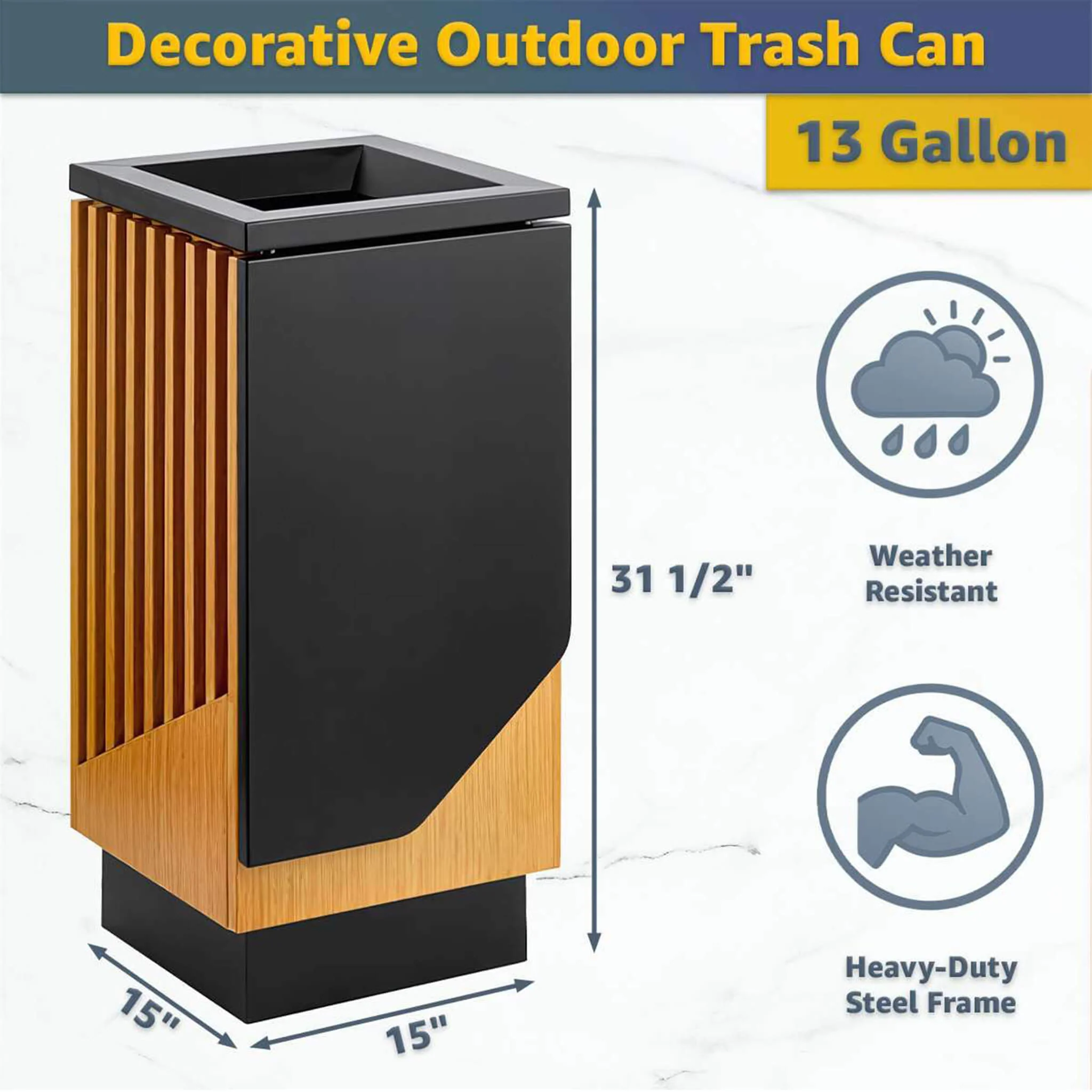 13-Gallon Heavy-Duty Commercial Outdoor Square Decorative Trash Can (SAK30467) - Image 7