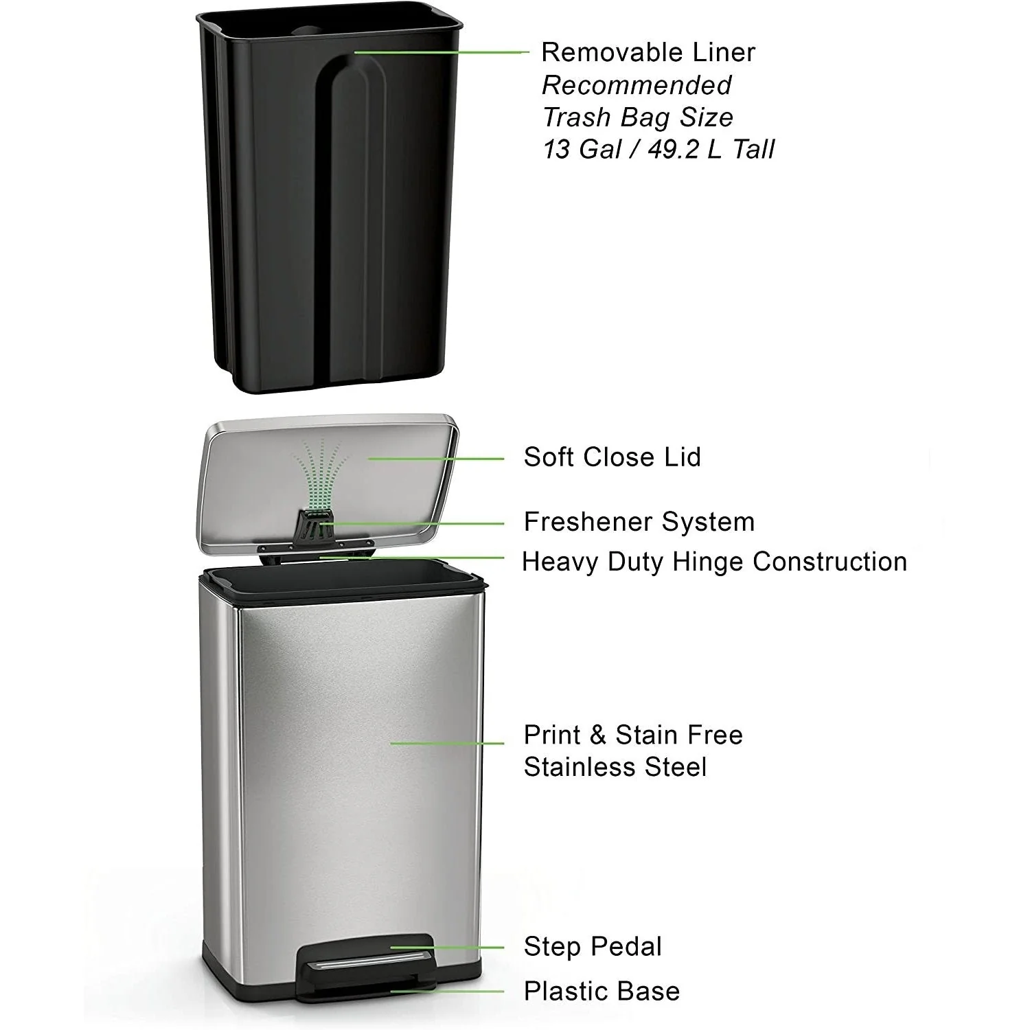 13-Gallon Kitchen Trash Can with Step Lid Stainless Steel - Image 3