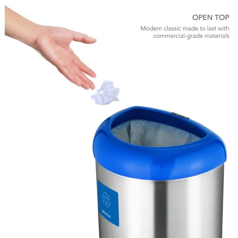 13-Gallon Stainless Steel Recycle Bin with Blue Open Top - Image 3