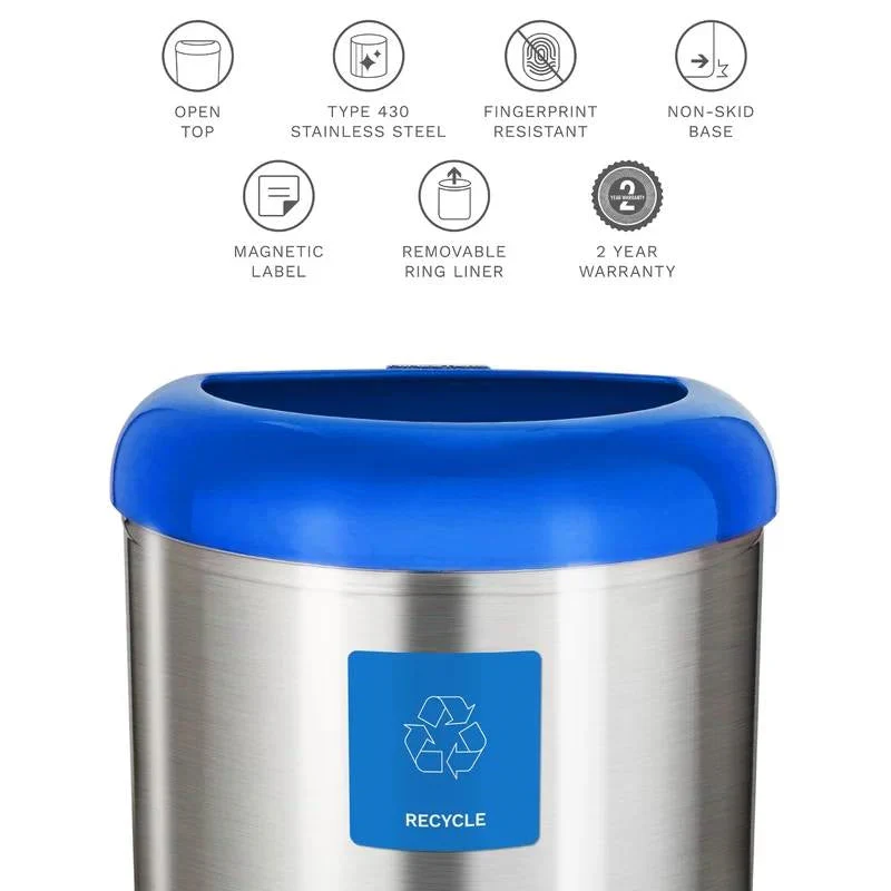 13-Gallon Stainless Steel Recycle Bin with Blue Open Top - Image 4