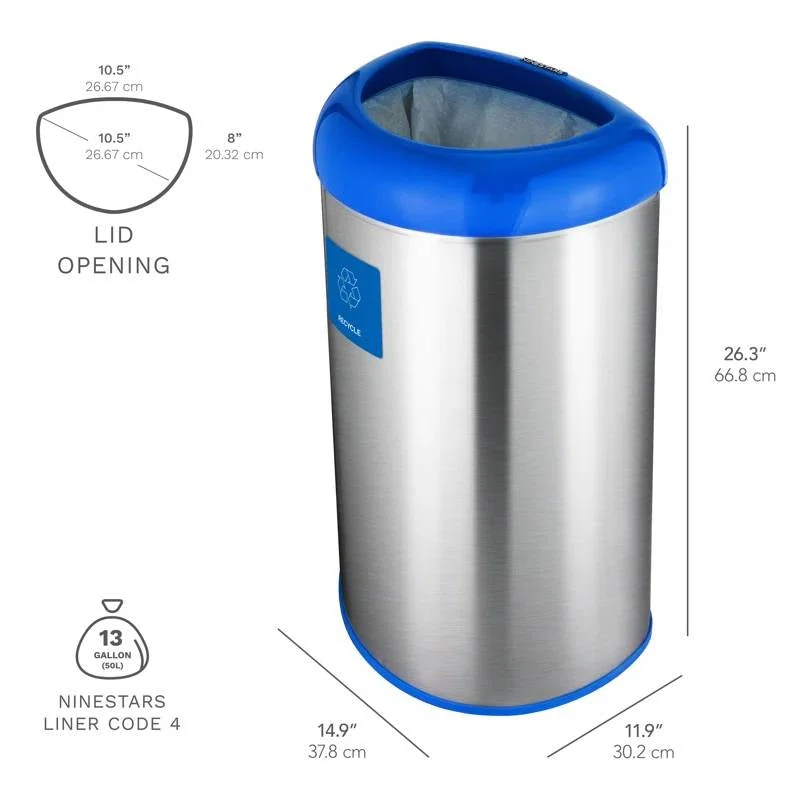 13-Gallon Stainless Steel Recycle Bin with Blue Open Top - Image 5