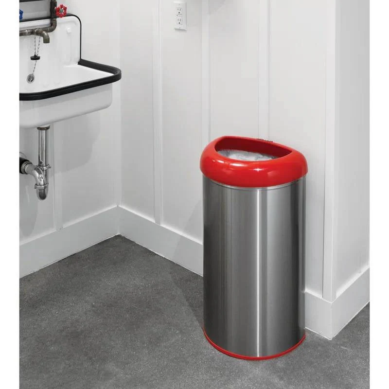 13-Gallon Stainless Steel Trash Can with Red Open Top - Image 3