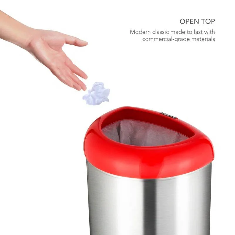 13-Gallon Stainless Steel Trash Can with Red Open Top - Image 4