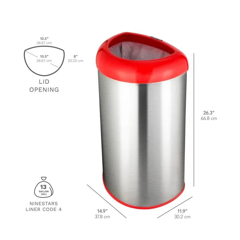 13-Gallon Stainless Steel Trash Can with Red Open Top - Image 5