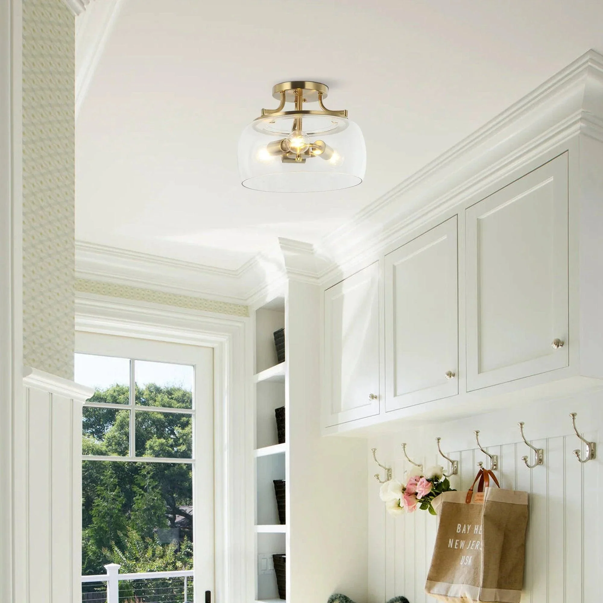 13 Inch 3-Light Brass Gold Semi-Flush Mount Ceiling Light Fixture with Clear Glass Shade - Image 2