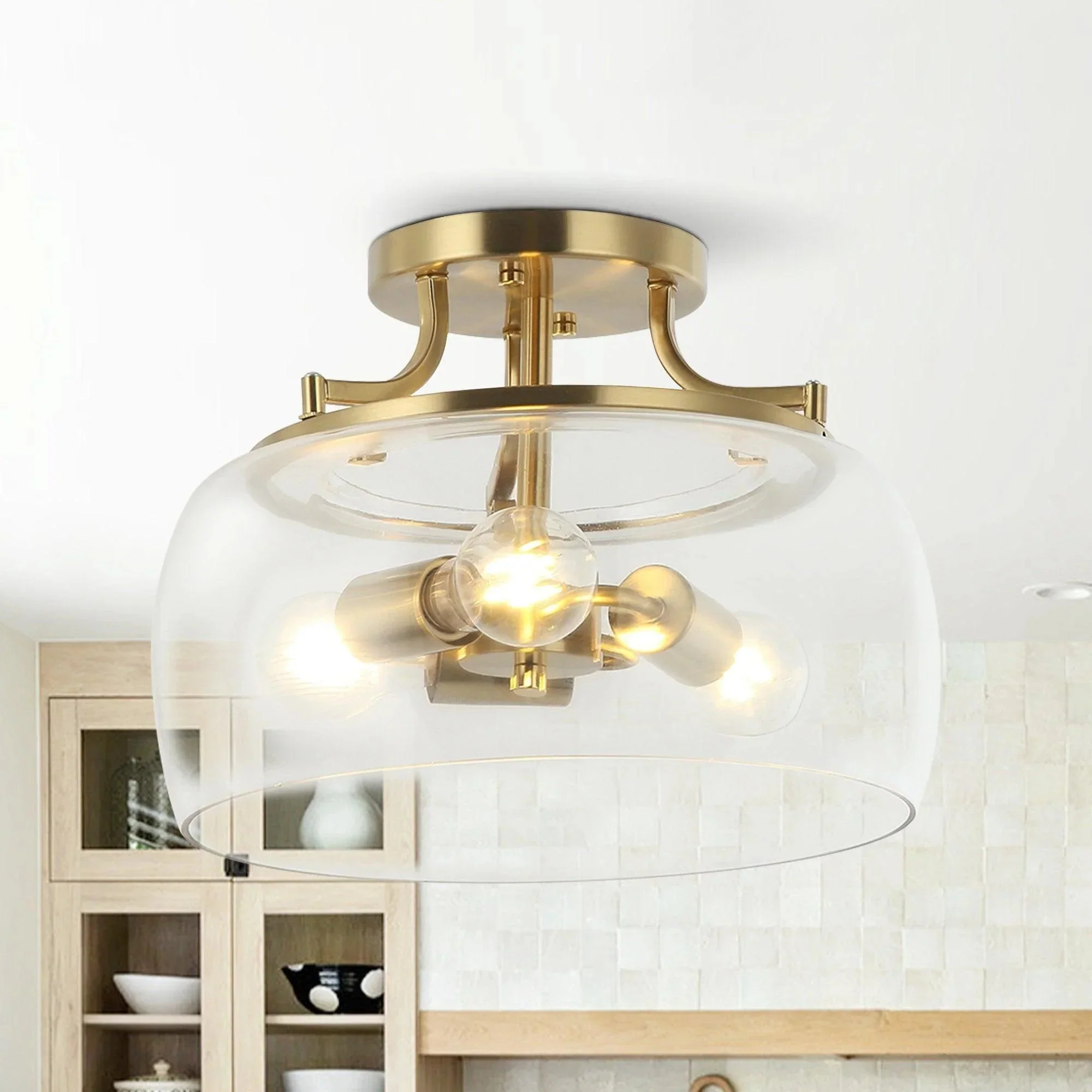 13 Inch 3-Light Brass Gold Semi-Flush Mount Ceiling Light Fixture with Clear Glass Shade - Image 5