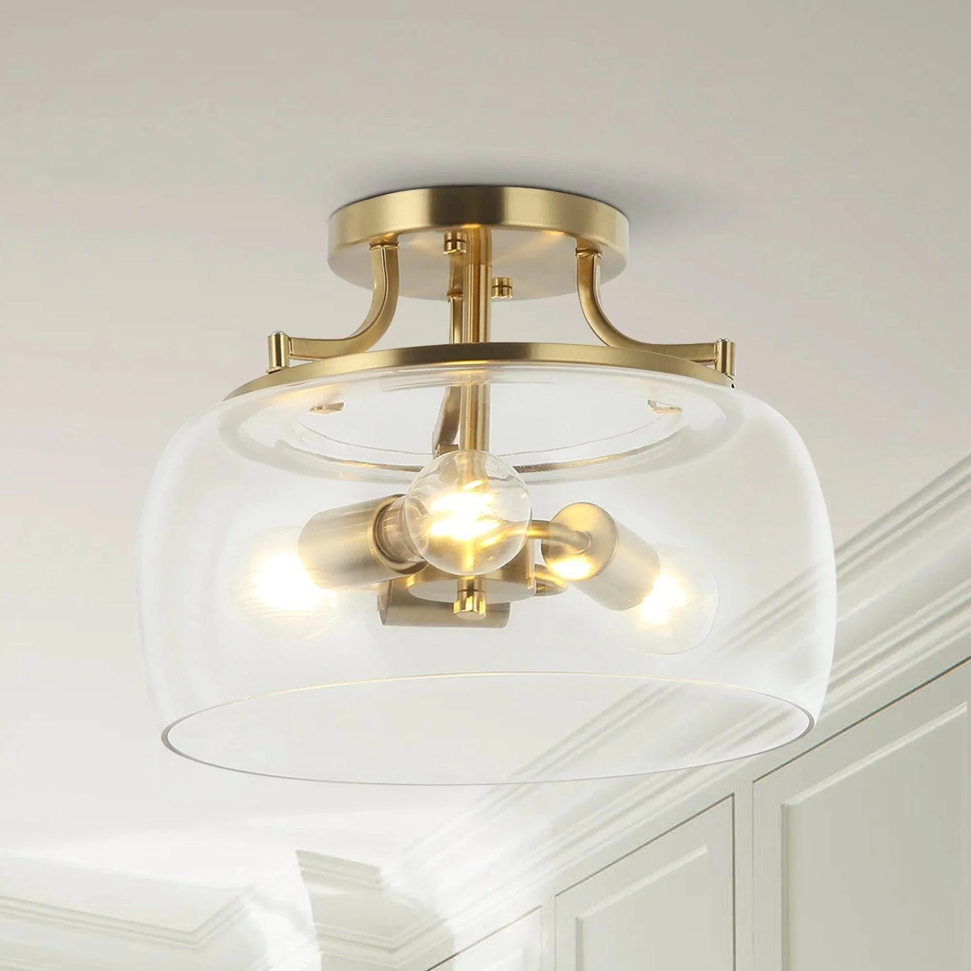 13 Inch 3-Light Brass Gold Semi-Flush Mount Ceiling Light Fixture with Clear Glass Shade - Image 6