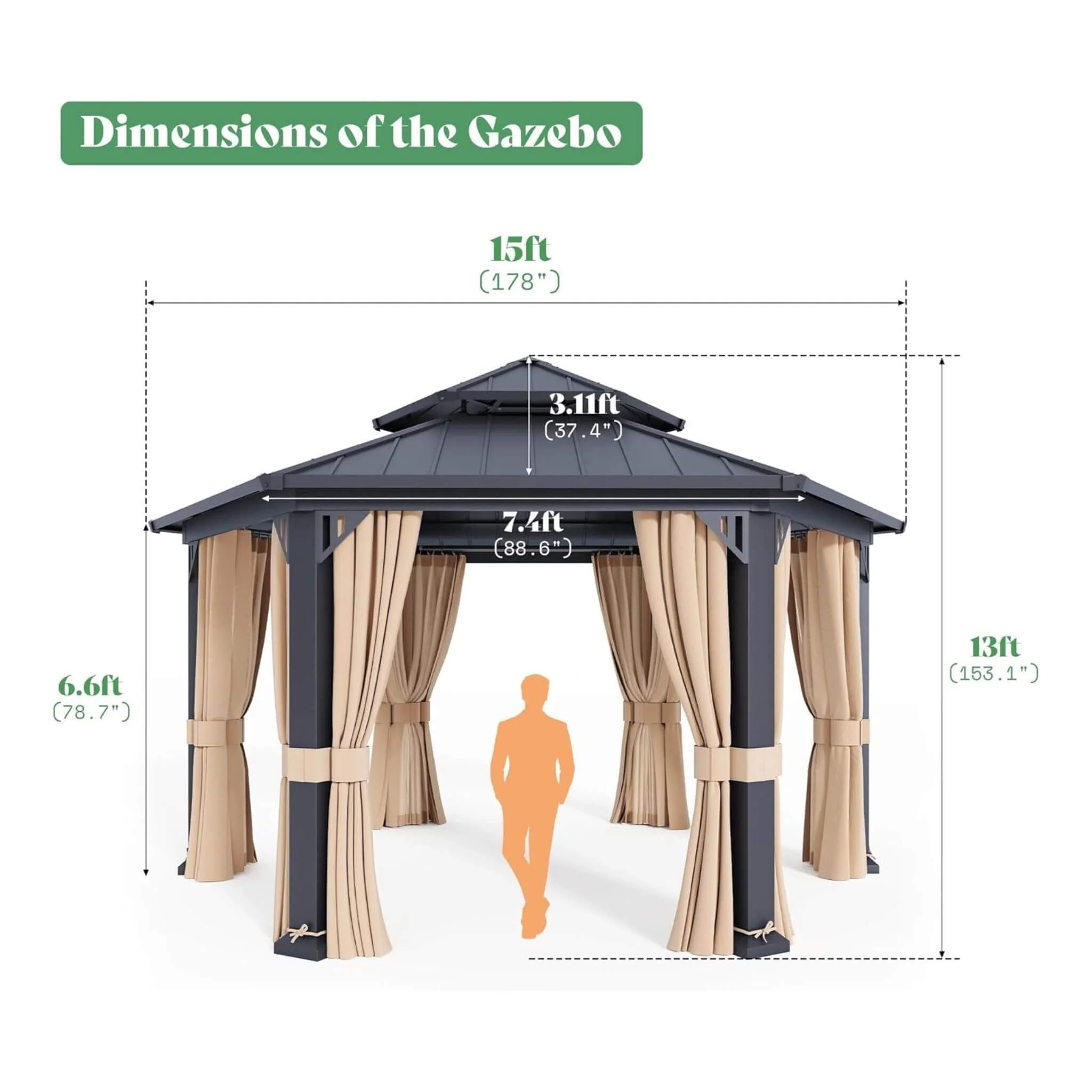 [13X15FT] Alora Double-Tier Hexagonal Metal Hardtop Patio Gazebo With Curtains (SAK84137) - Image 10