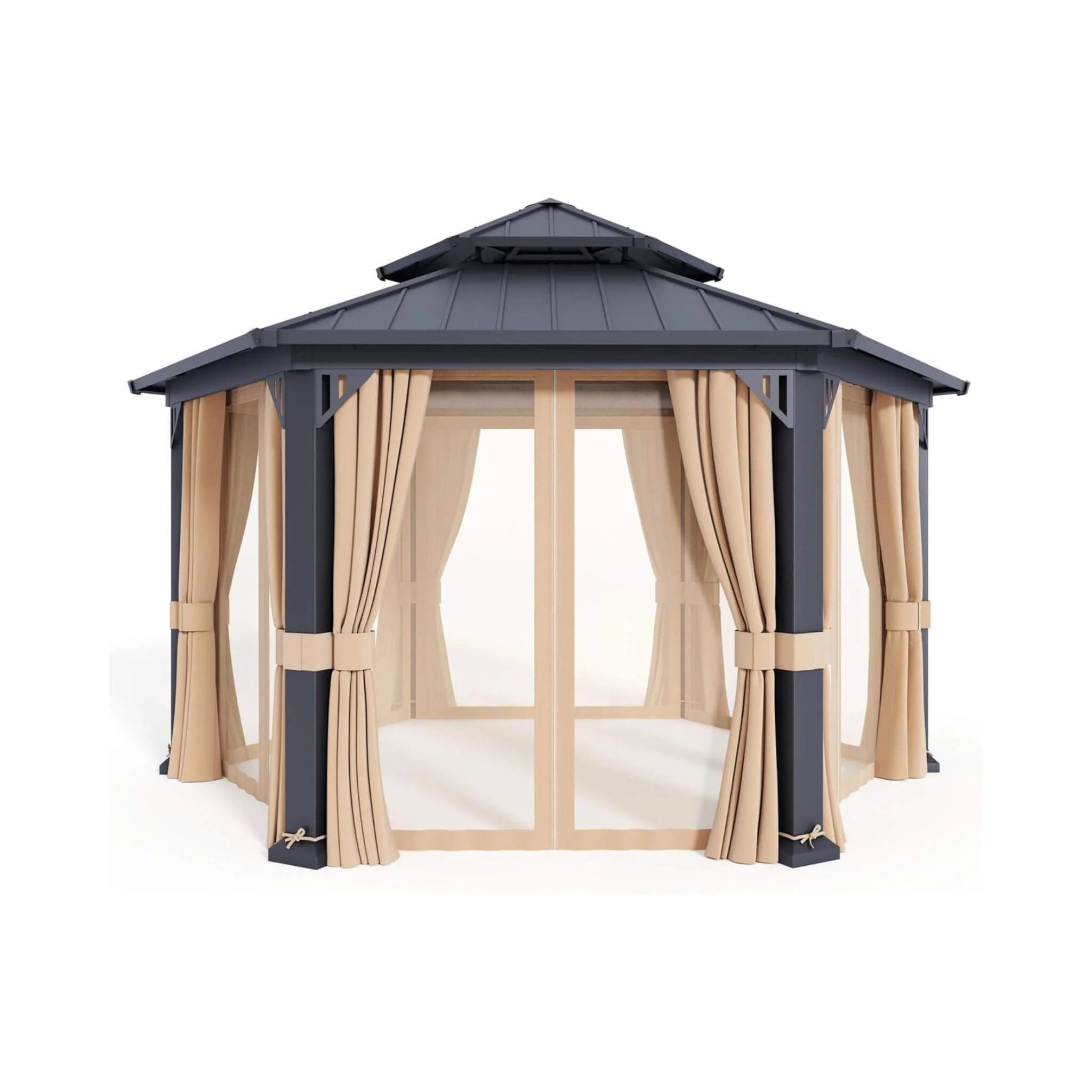 [13X15FT] Alora Double-Tier Hexagonal Metal Hardtop Patio Gazebo With Curtains (SAK84137) - Image 3