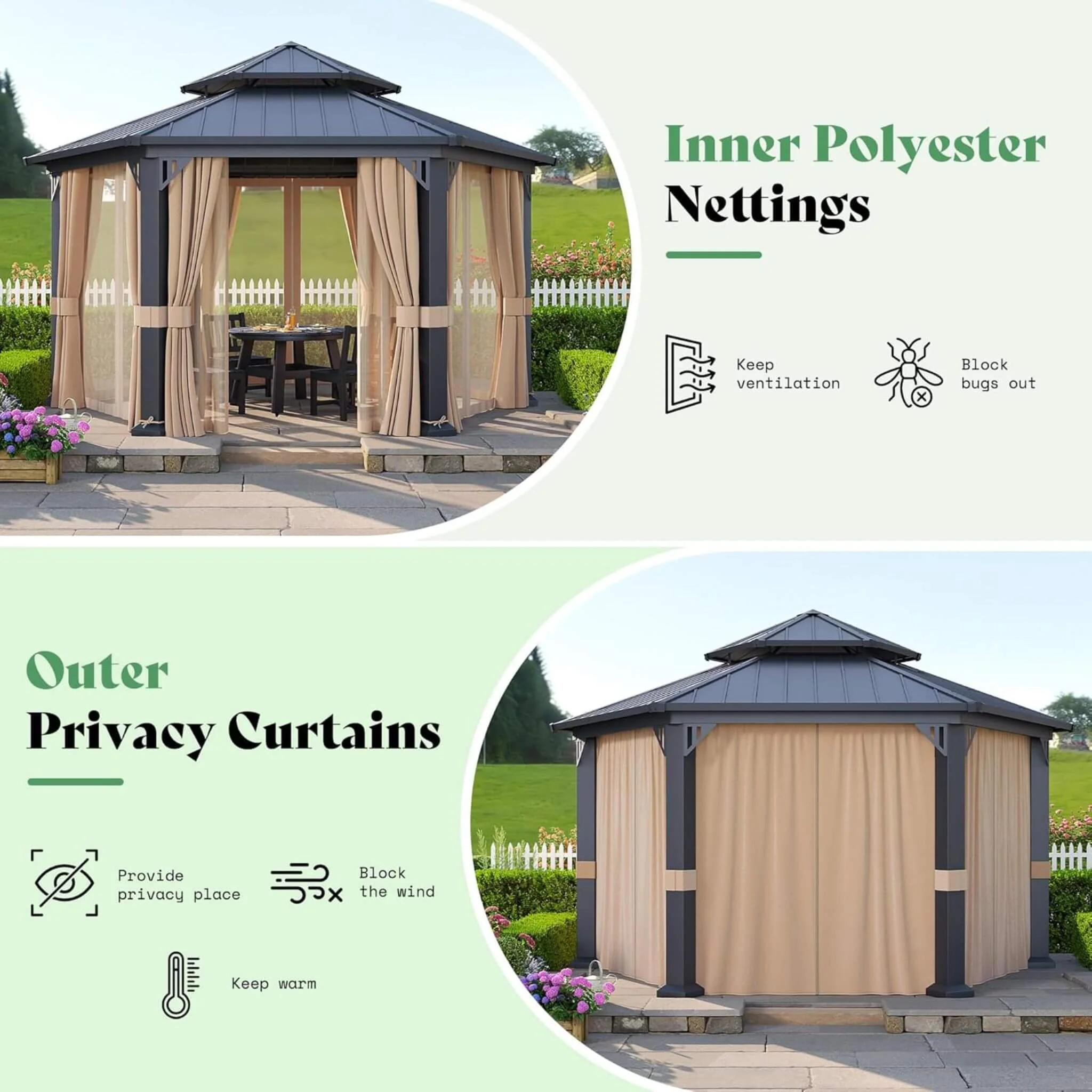 [13X15FT] Alora Double-Tier Hexagonal Metal Hardtop Patio Gazebo With Curtains (SAK84137) - Image 6