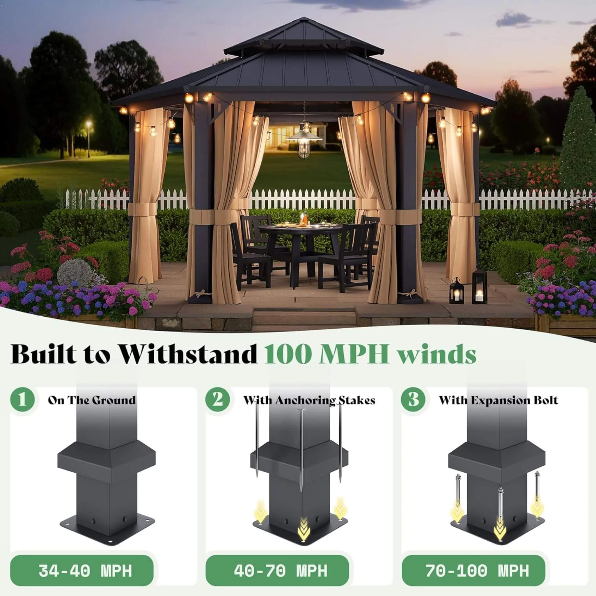 [13X15FT] Alora Double-Tier Hexagonal Metal Hardtop Patio Gazebo With Curtains (SAK84137) - Image 7