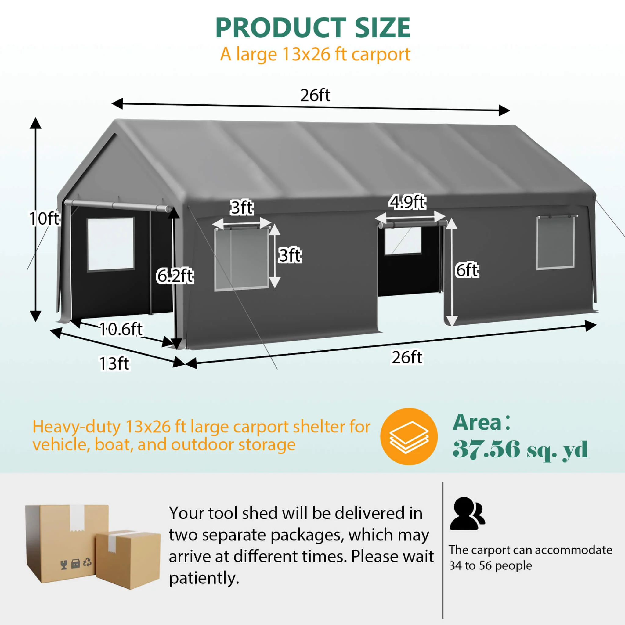 [13X26FT] Alora Heavy-Duty Carport Canopy With Roll-Up Doors And Windows (SAK14975) - Image 17
