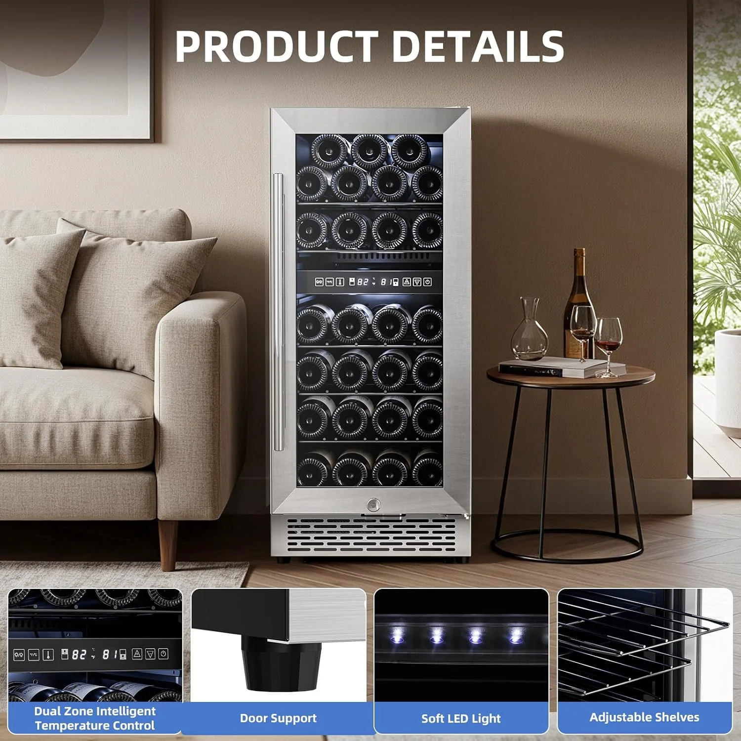 15 Inch Wine Cooler Refrigerator with Stainless Steel Double-Layer Tempered Glass Door W4888S - Image 2