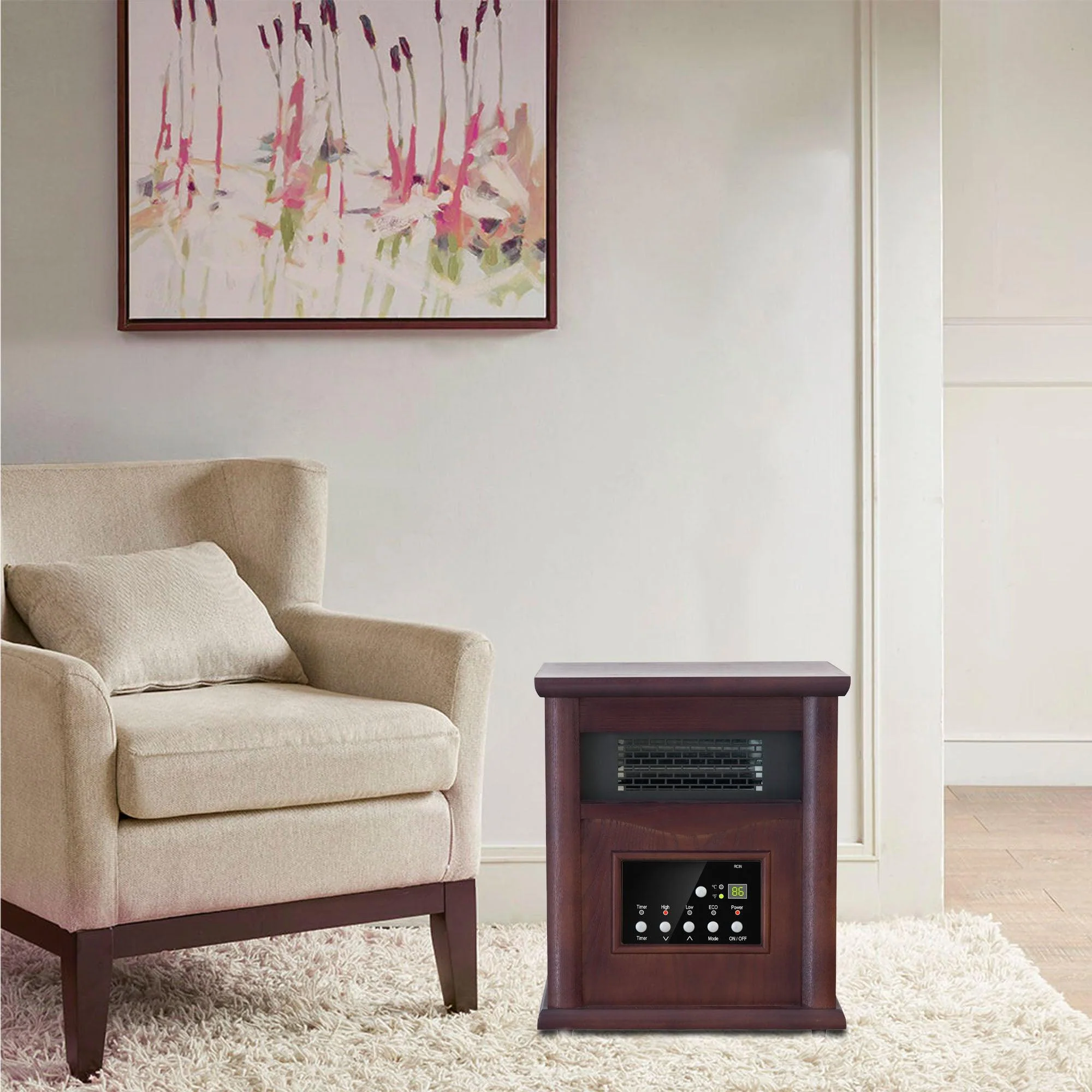 1500-Watt Electric Cabinet 4 Quartz Infrared Heater Wood with LED Digital Screen, Remote Control and Timer - Image 6