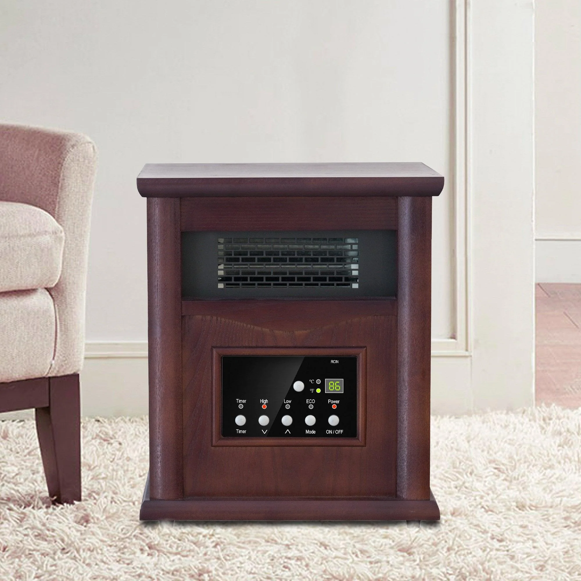1500-Watt Electric Cabinet 4 Quartz Infrared Heater Wood with LED Digital Screen, Remote Control and Timer - Image 7