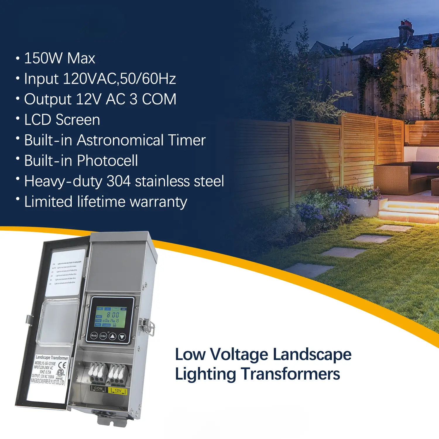 150W Stainless Steel Outdoor Transformer for Lights with Timer and Photocell - Image 2