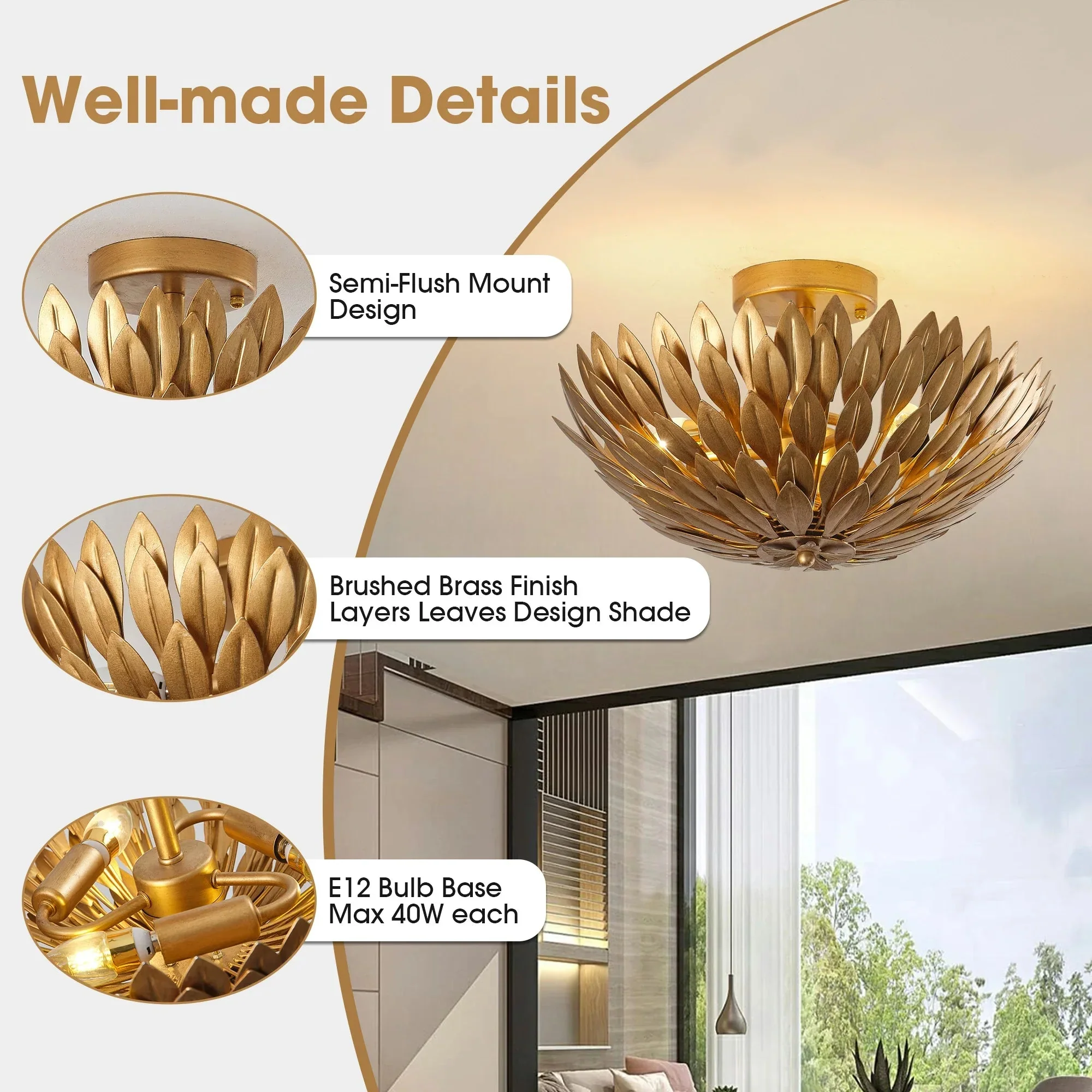 16 Inch 3-Light Farmhouse Golden Semi-Flush Mount Ceiling Lighting - Image 4
