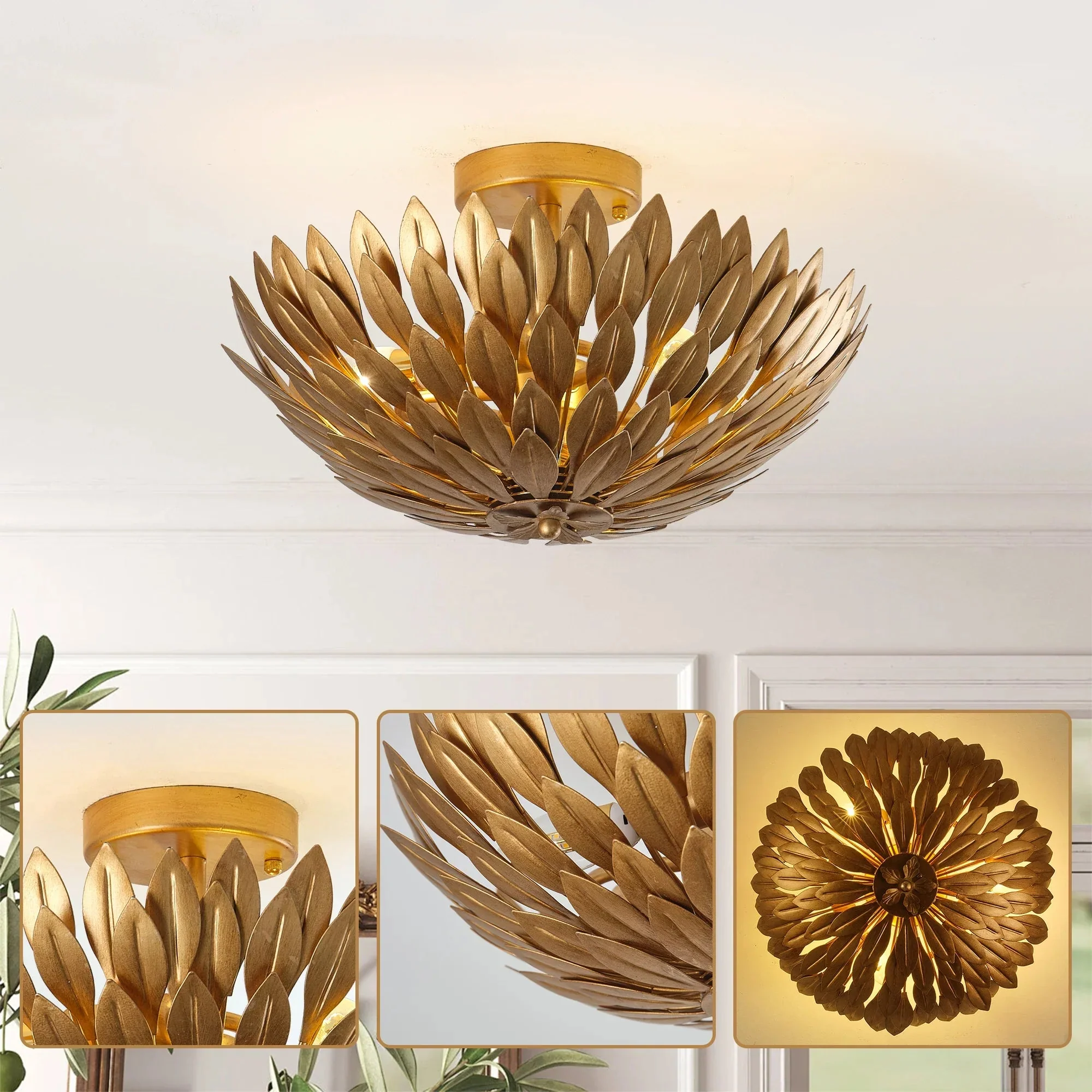 16 Inch 3-Light Farmhouse Golden Semi-Flush Mount Ceiling Lighting - Image 8