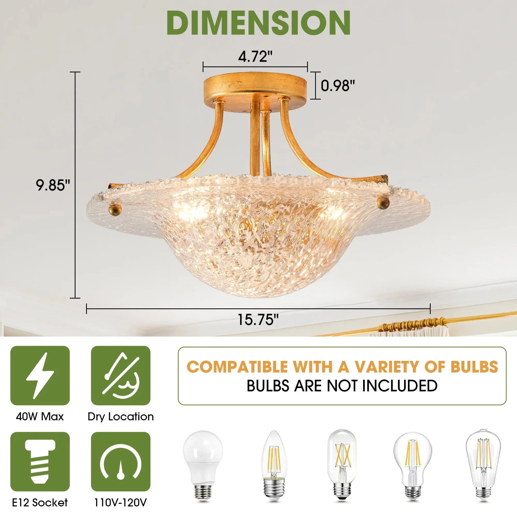 16 Inch Page 3-Light Vintage Golden Semi-Flush Mount Ceiling Light - Image 6