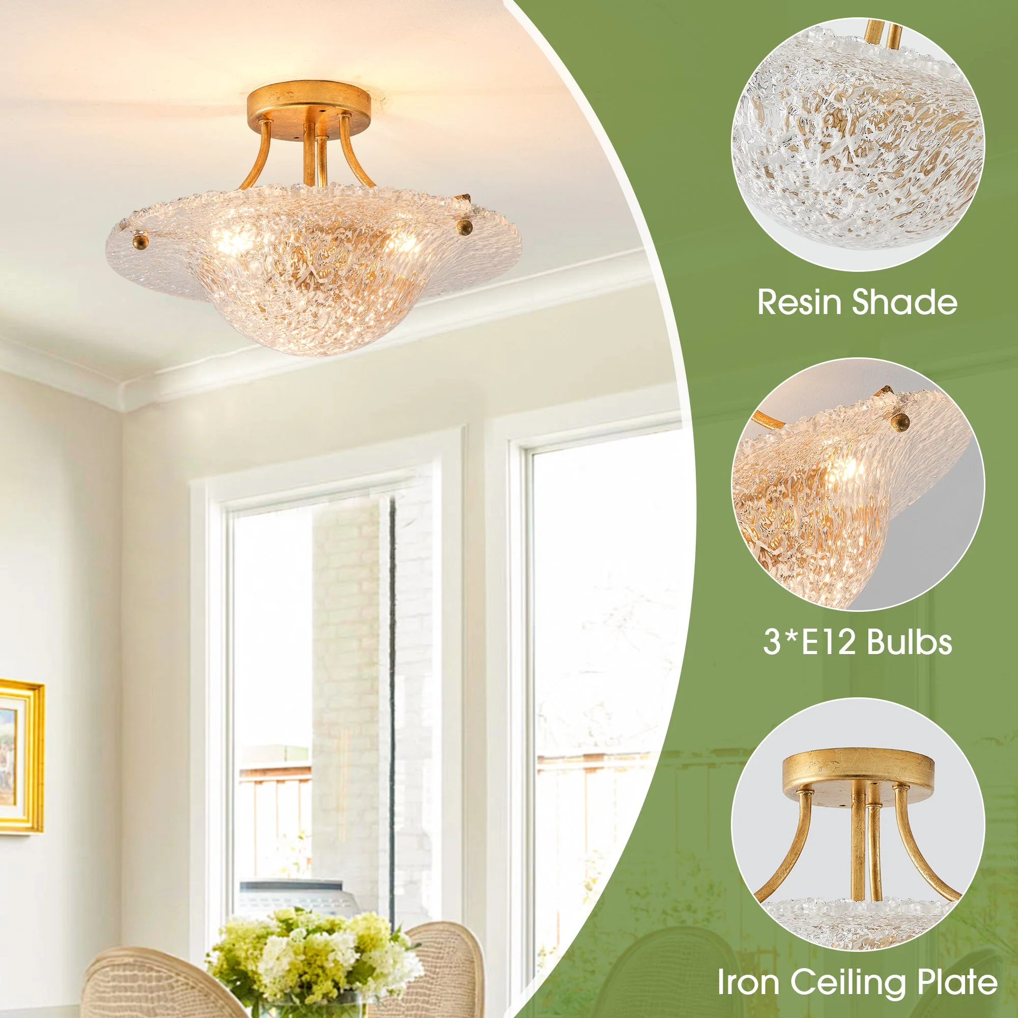 16 Inch Page 3-Light Vintage Golden Semi-Flush Mount Ceiling Light - Image 7