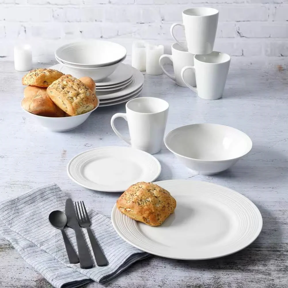 16-Piece White Ceramic Dinnerware Set w/ Bowls Plates and Mugs - Service for 4 - Image 2