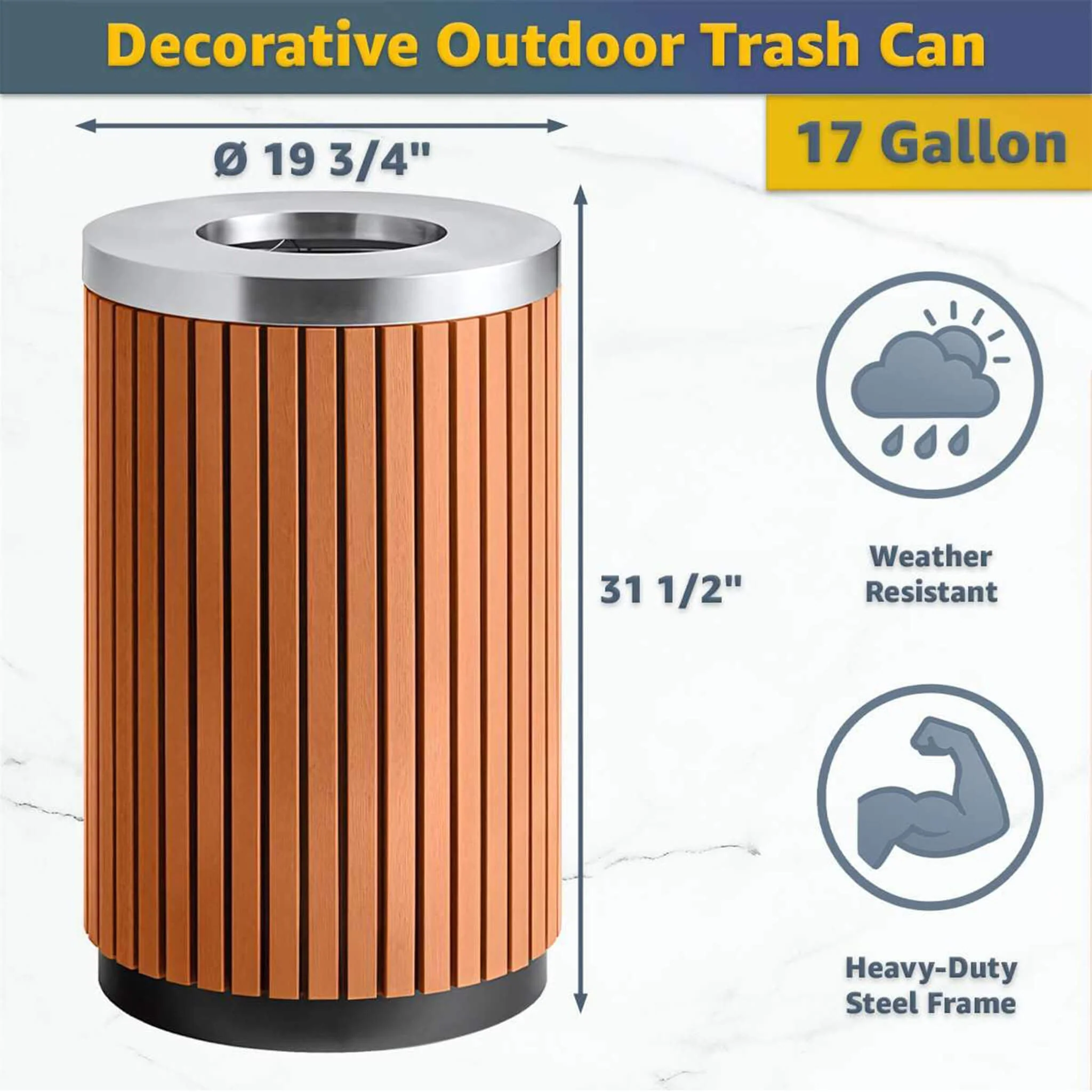 17-Gallon Commercial Round Outdoor Trash Can With Open Lid (SAK18520) - Image 7