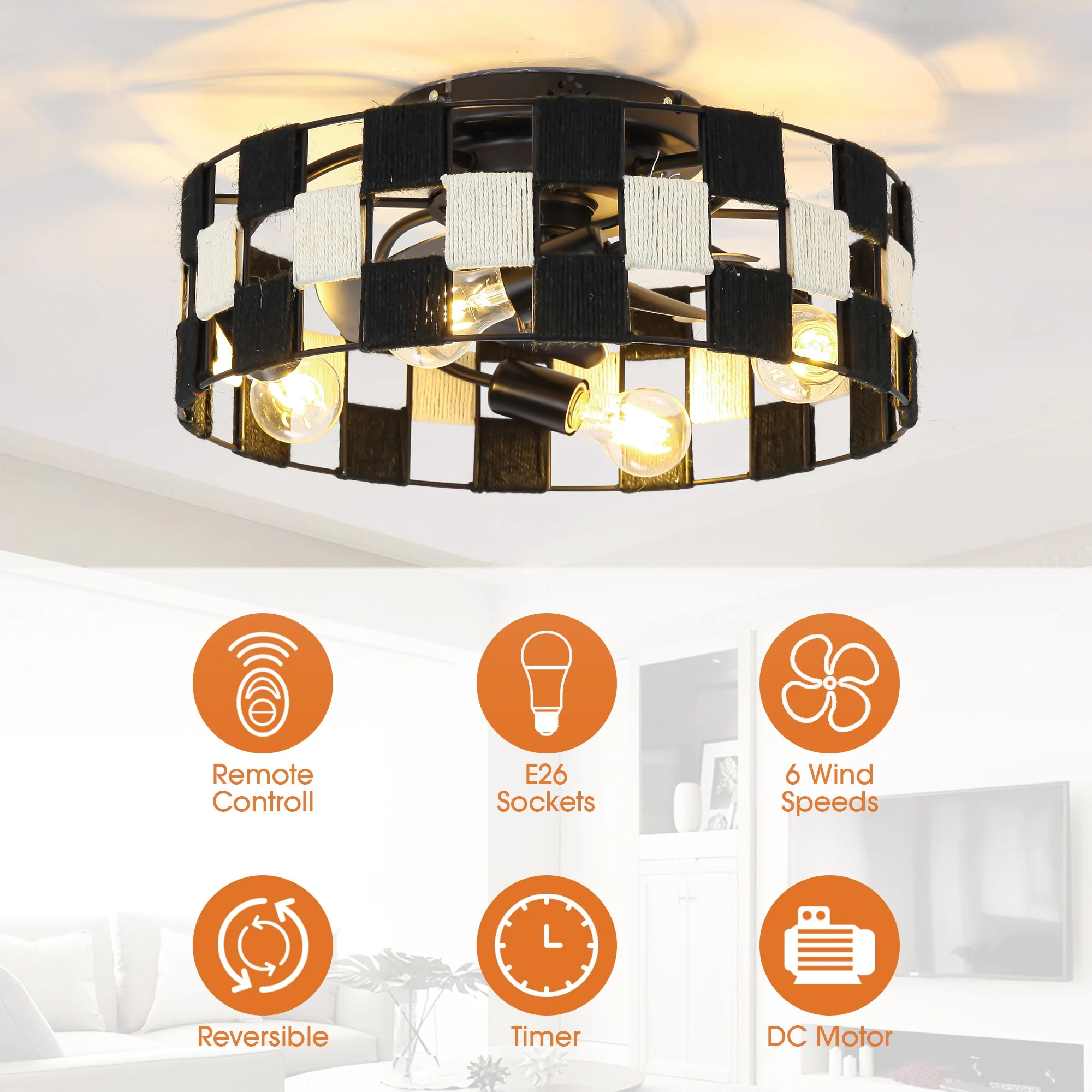 18 Inch Black Industrial Flush Mount Ceiling Fan with Light APP and Remote Control - Image 5