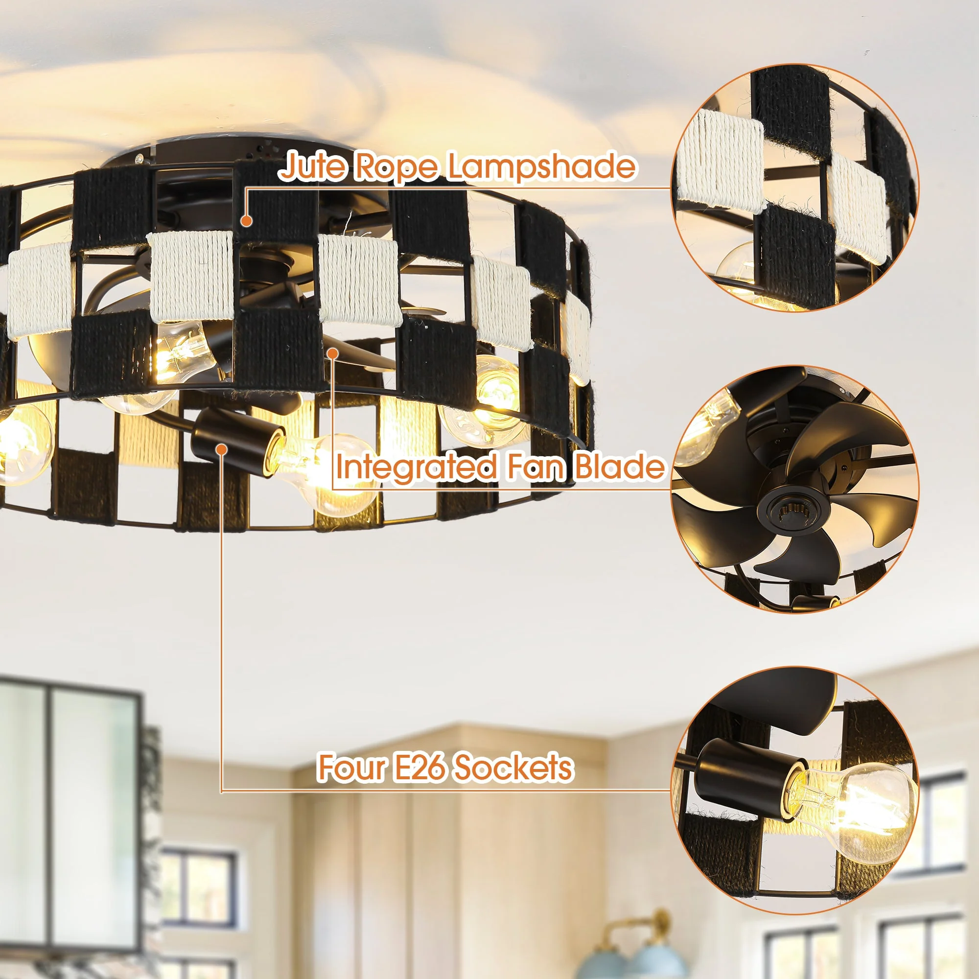 18 Inch Black Industrial Flush Mount Ceiling Fan with Light APP and Remote Control - Image 6