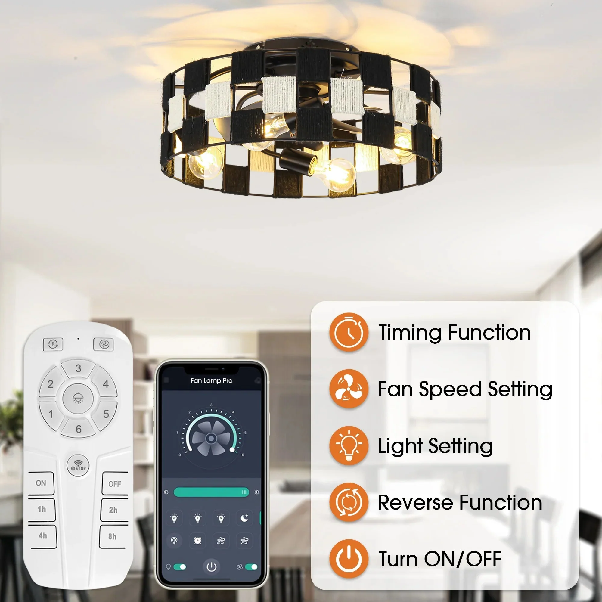 18 Inch Black Industrial Flush Mount Ceiling Fan with Light APP and Remote Control - Image 7