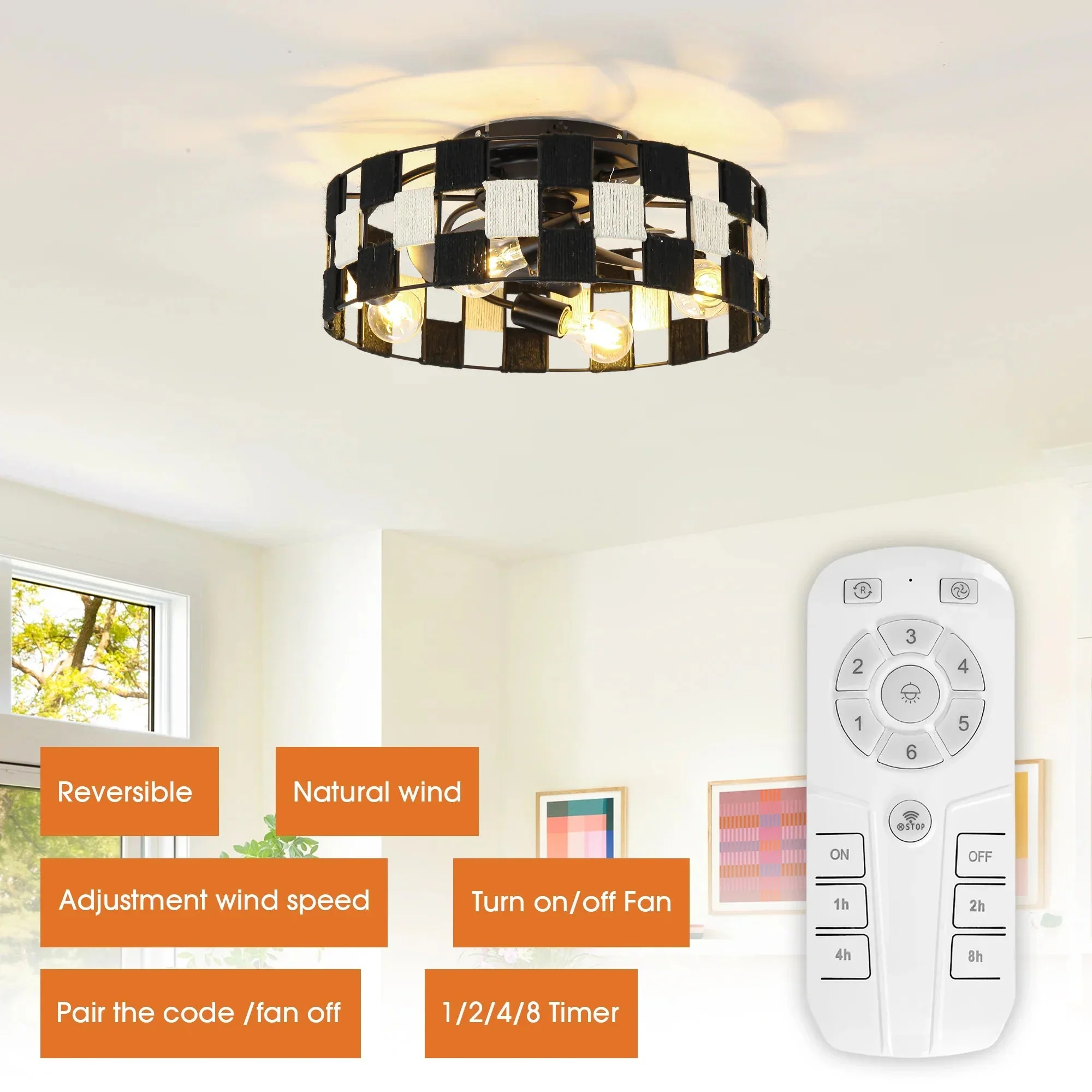 18 Inch Black Industrial Flush Mount Ceiling Fan with Light APP and Remote Control - Image 8