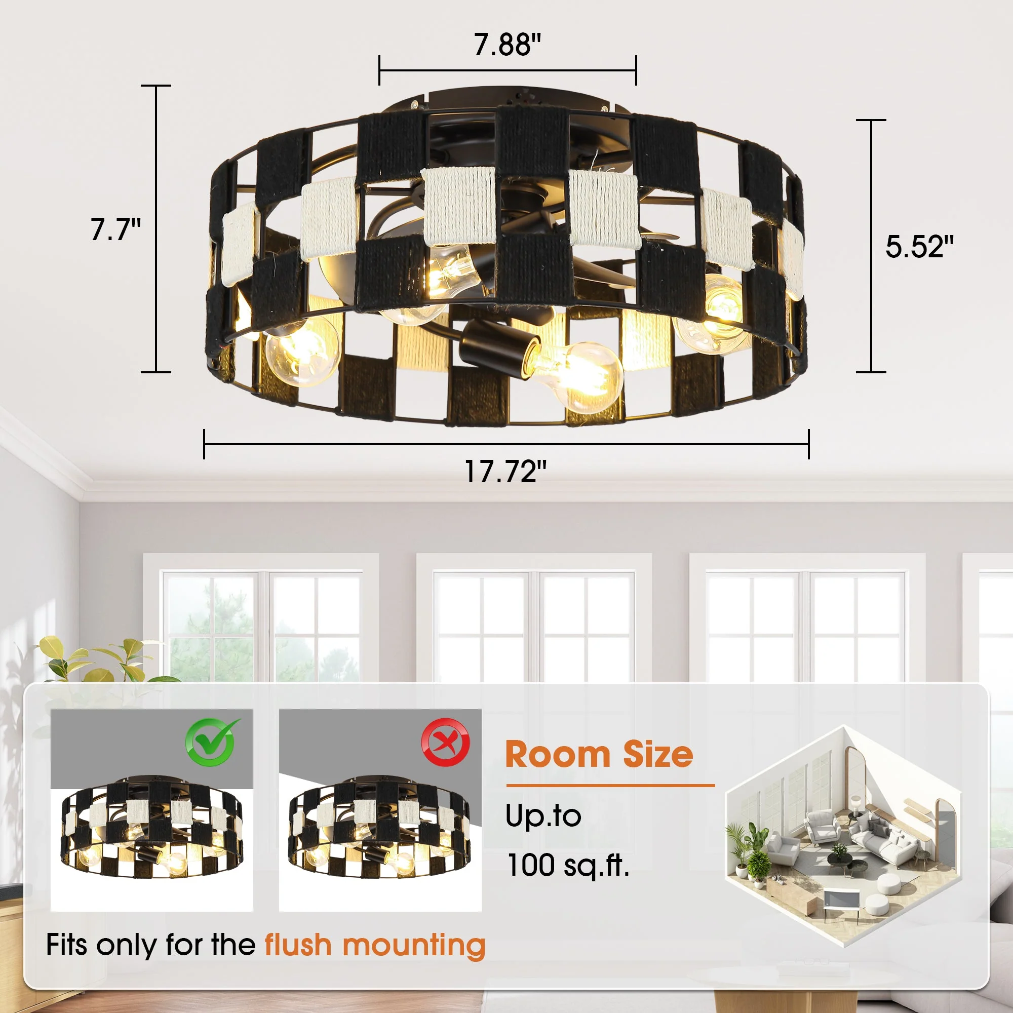 18 Inch Black Industrial Flush Mount Ceiling Fan with Light APP and Remote Control - Image 9