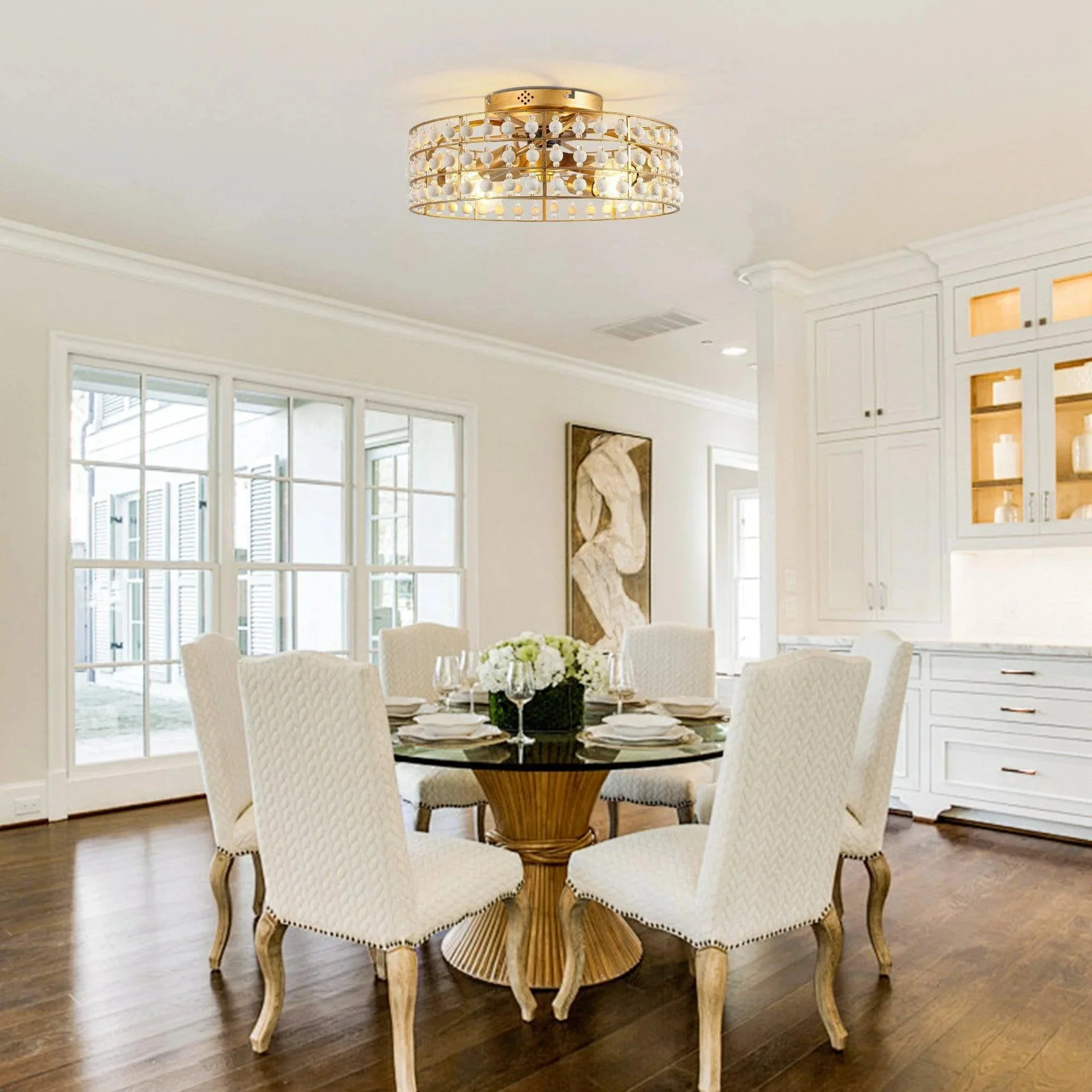 18 Inch Golden Farmhouse Wooden Beads Flush Mount Ceiling Fan with APP and Remote Control - Image 2