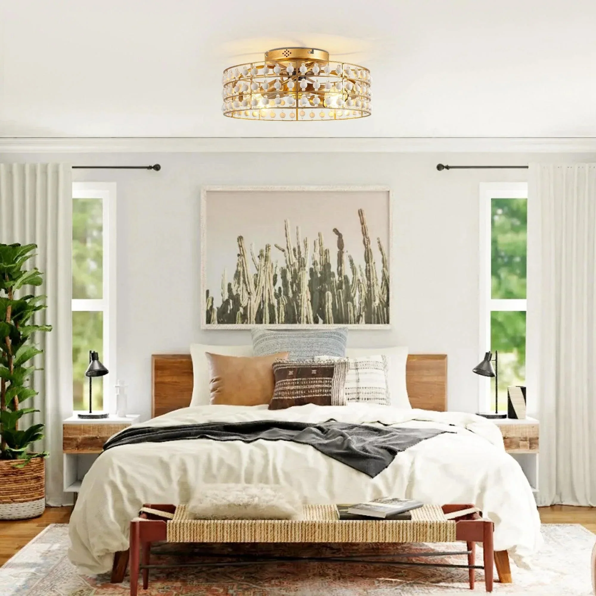 18 Inch Golden Farmhouse Wooden Beads Flush Mount Ceiling Fan with APP and Remote Control - Image 3