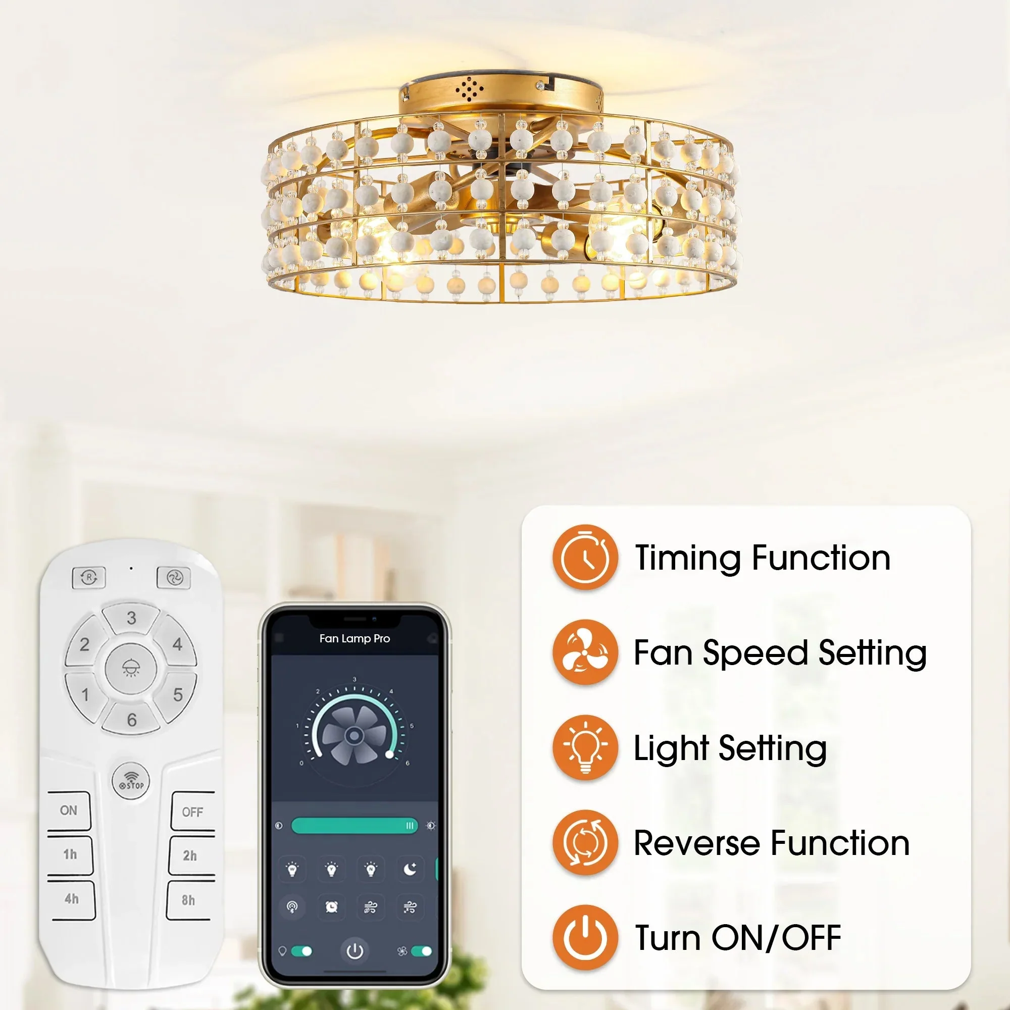 18 Inch Golden Farmhouse Wooden Beads Flush Mount Ceiling Fan with APP and Remote Control - Image 5