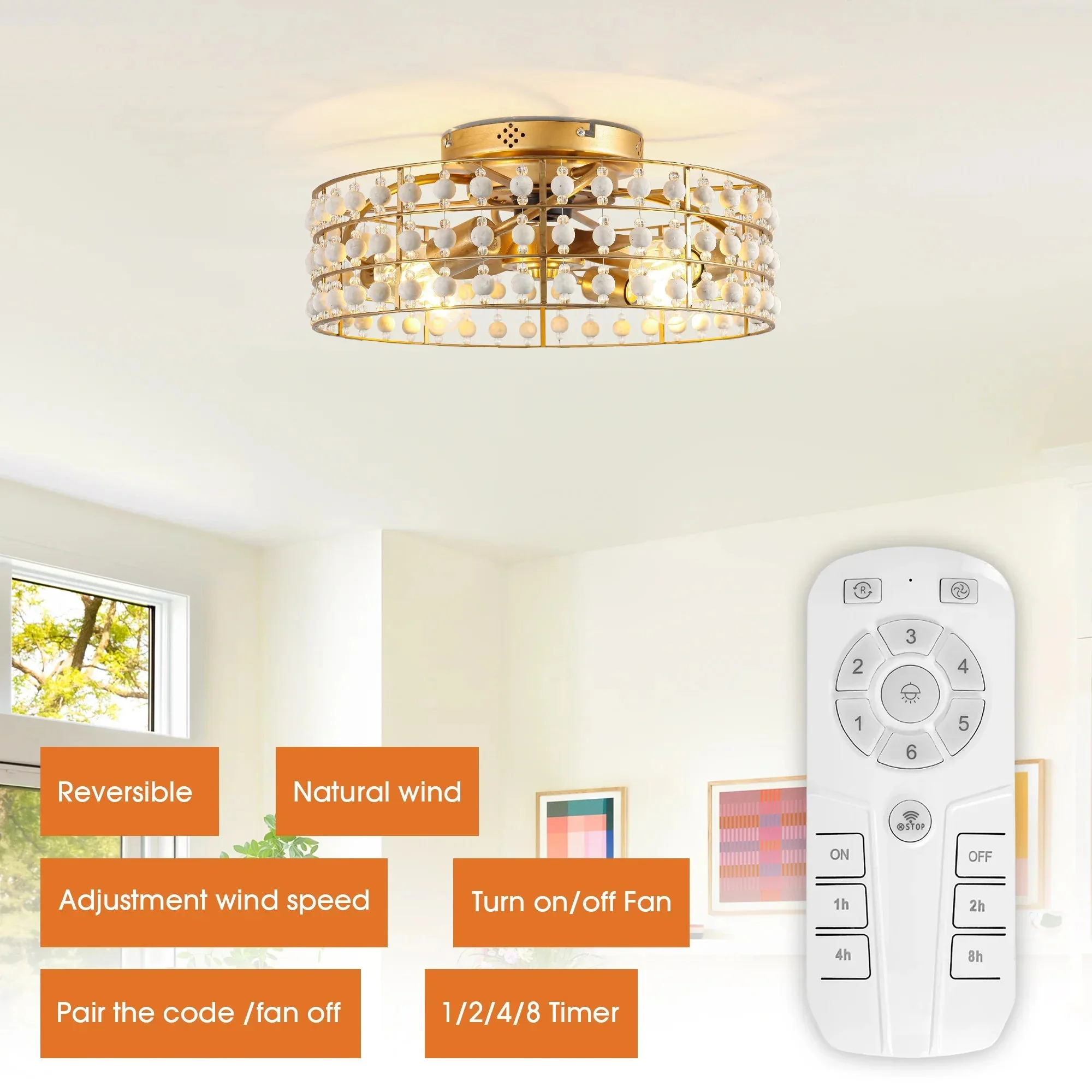 18 Inch Golden Farmhouse Wooden Beads Flush Mount Ceiling Fan with APP and Remote Control - Image 6