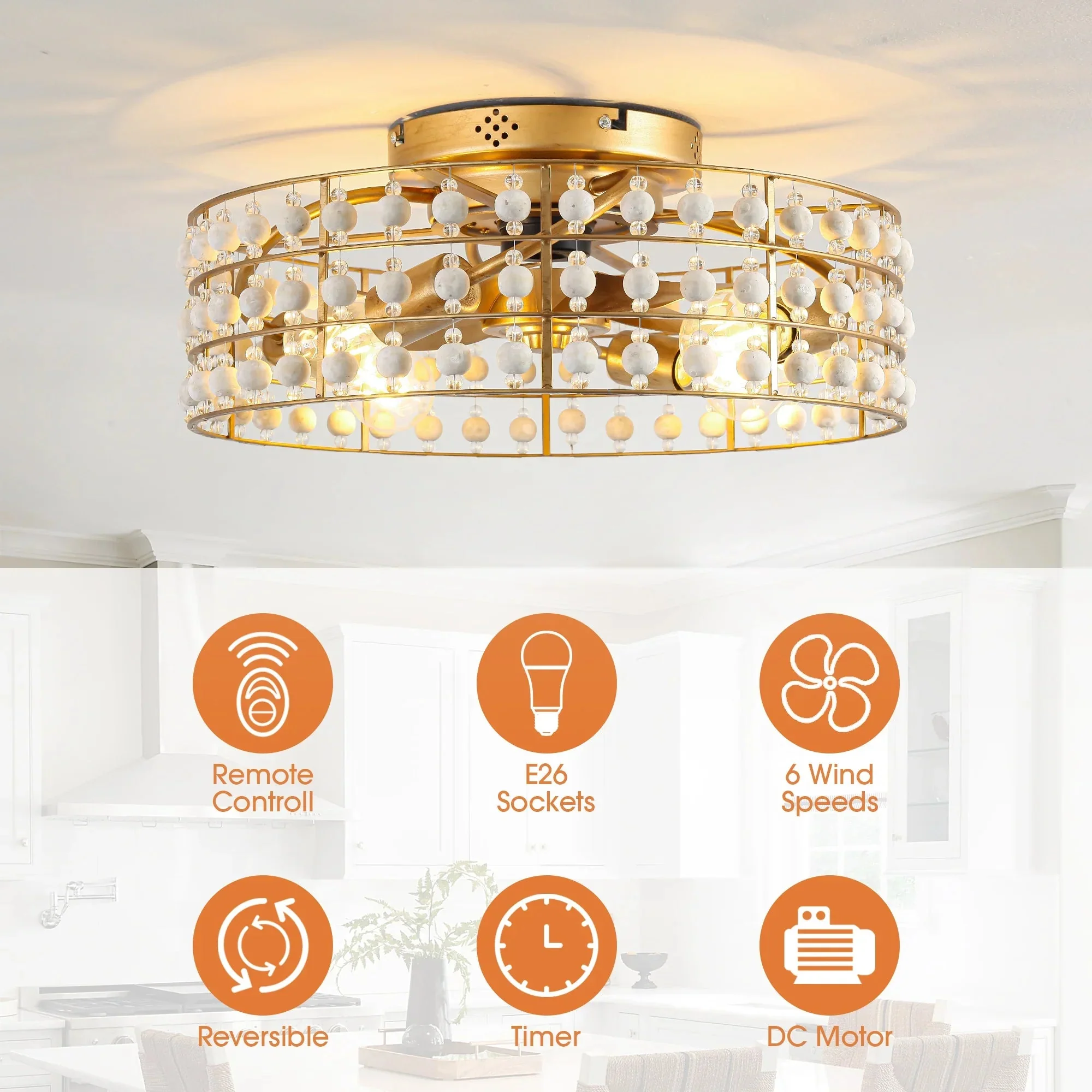 18 Inch Golden Farmhouse Wooden Beads Flush Mount Ceiling Fan with APP and Remote Control - Image 7