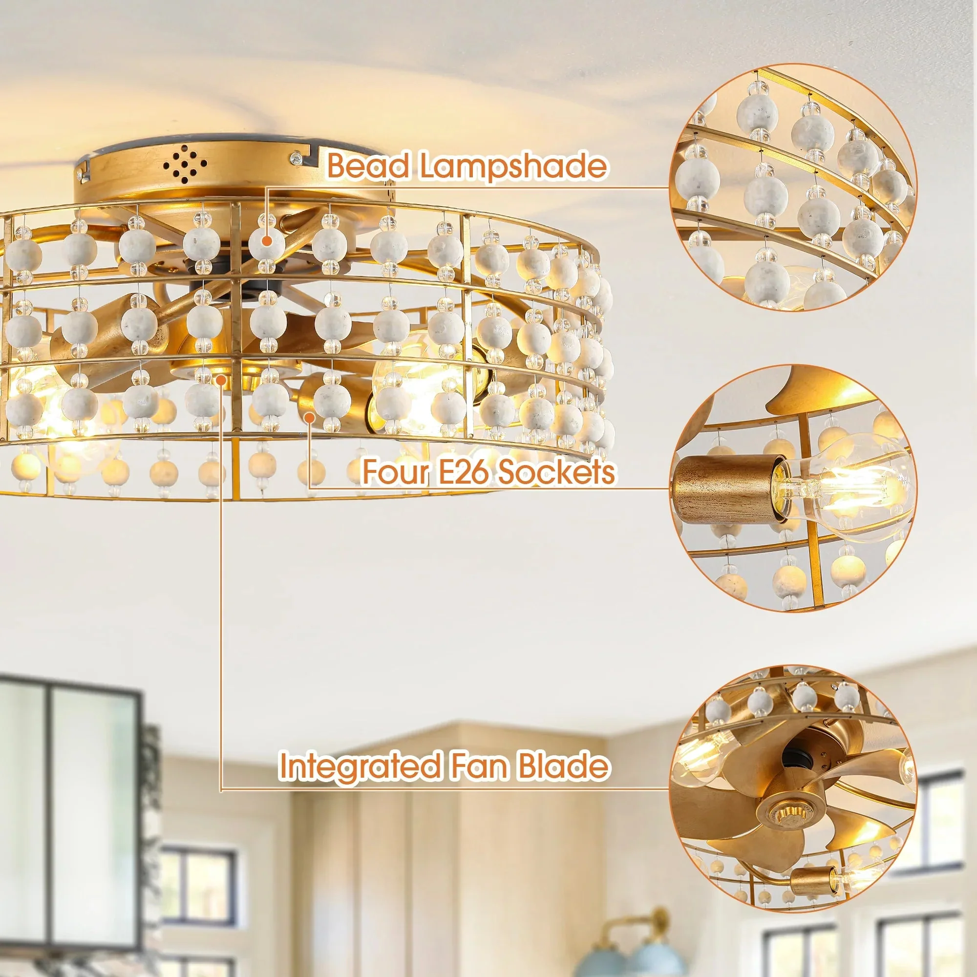 18 Inch Golden Farmhouse Wooden Beads Flush Mount Ceiling Fan with APP and Remote Control - Image 8