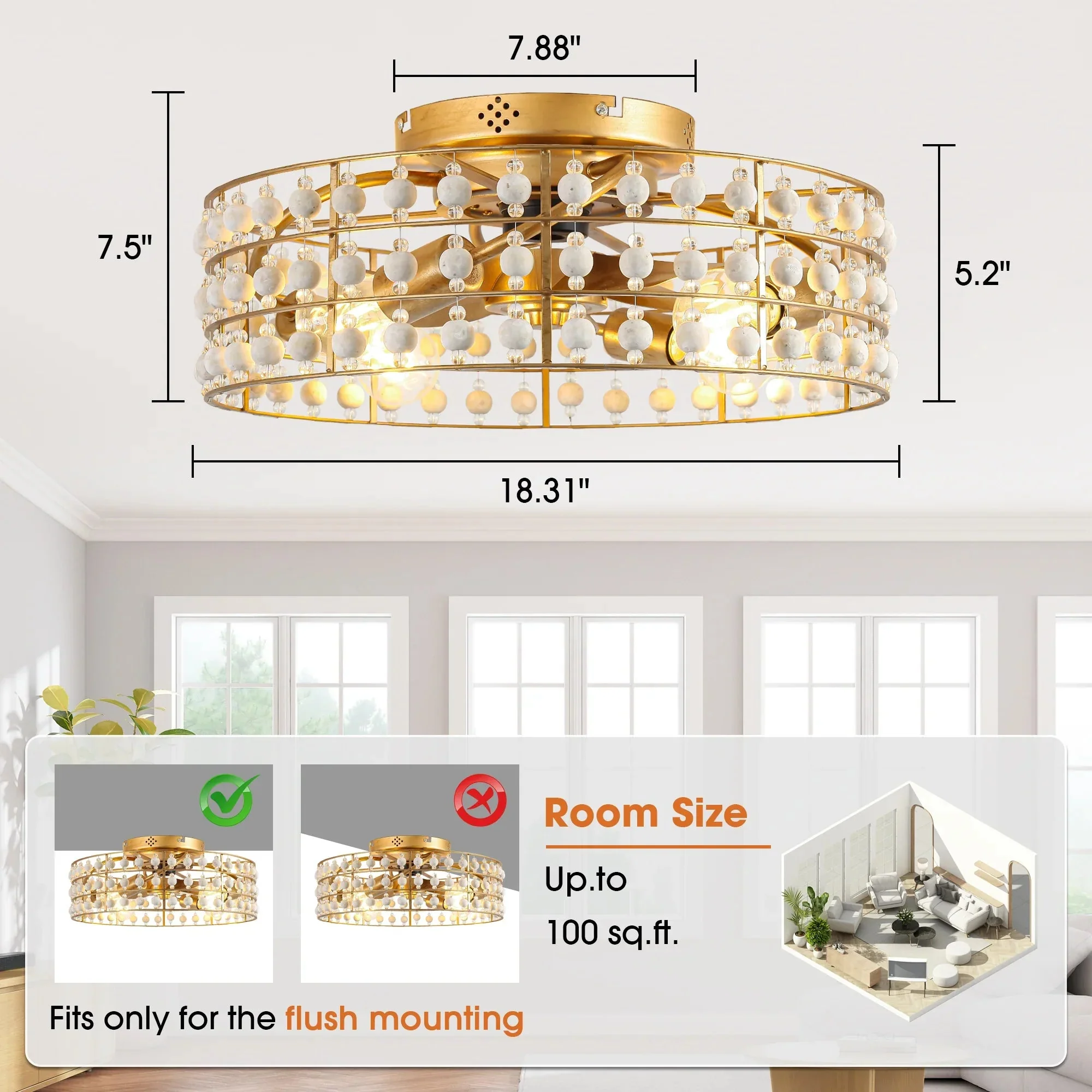 18 Inch Golden Farmhouse Wooden Beads Flush Mount Ceiling Fan with APP and Remote Control - Image 9