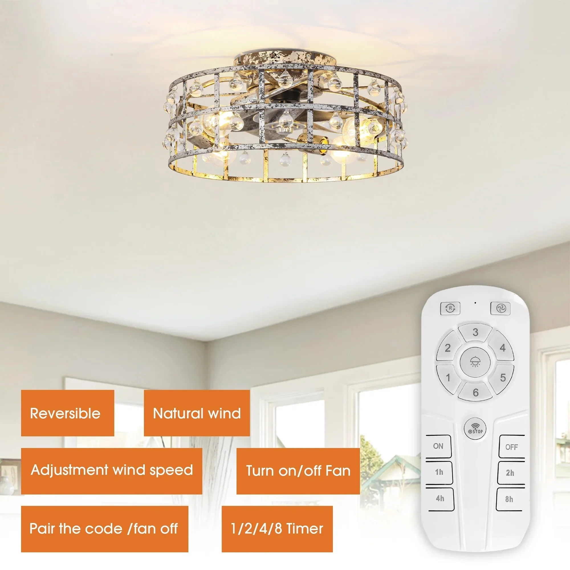 18 Inch Retro Silver Crystal Flush Mount Ceiling Fan with APP Remote Control and Lighting - Image 10
