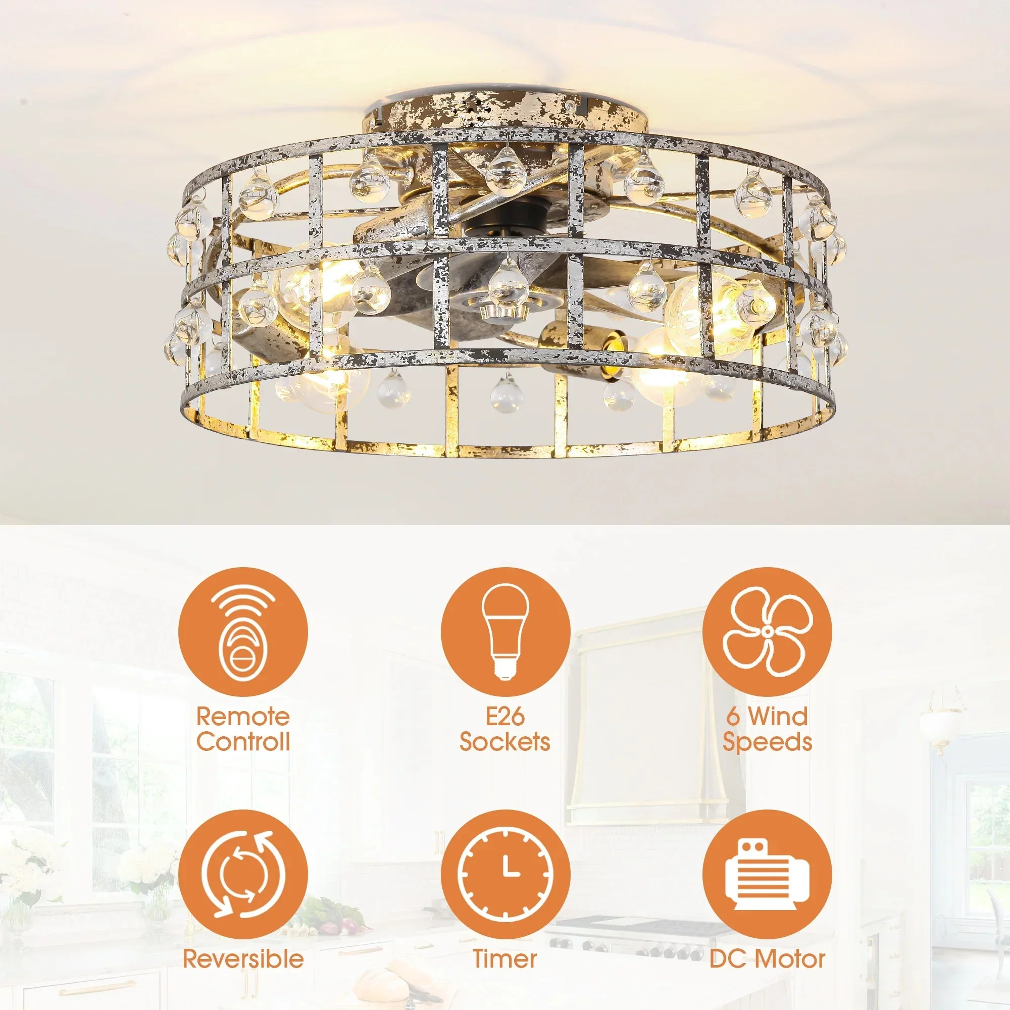 18 Inch Retro Silver Crystal Flush Mount Ceiling Fan with APP Remote Control and Lighting - Image 11