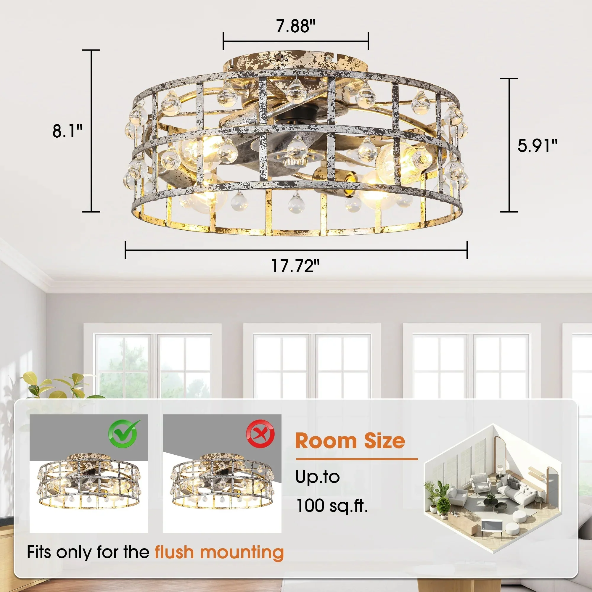 18 Inch Retro Silver Crystal Flush Mount Ceiling Fan with APP Remote Control and Lighting - Image 12
