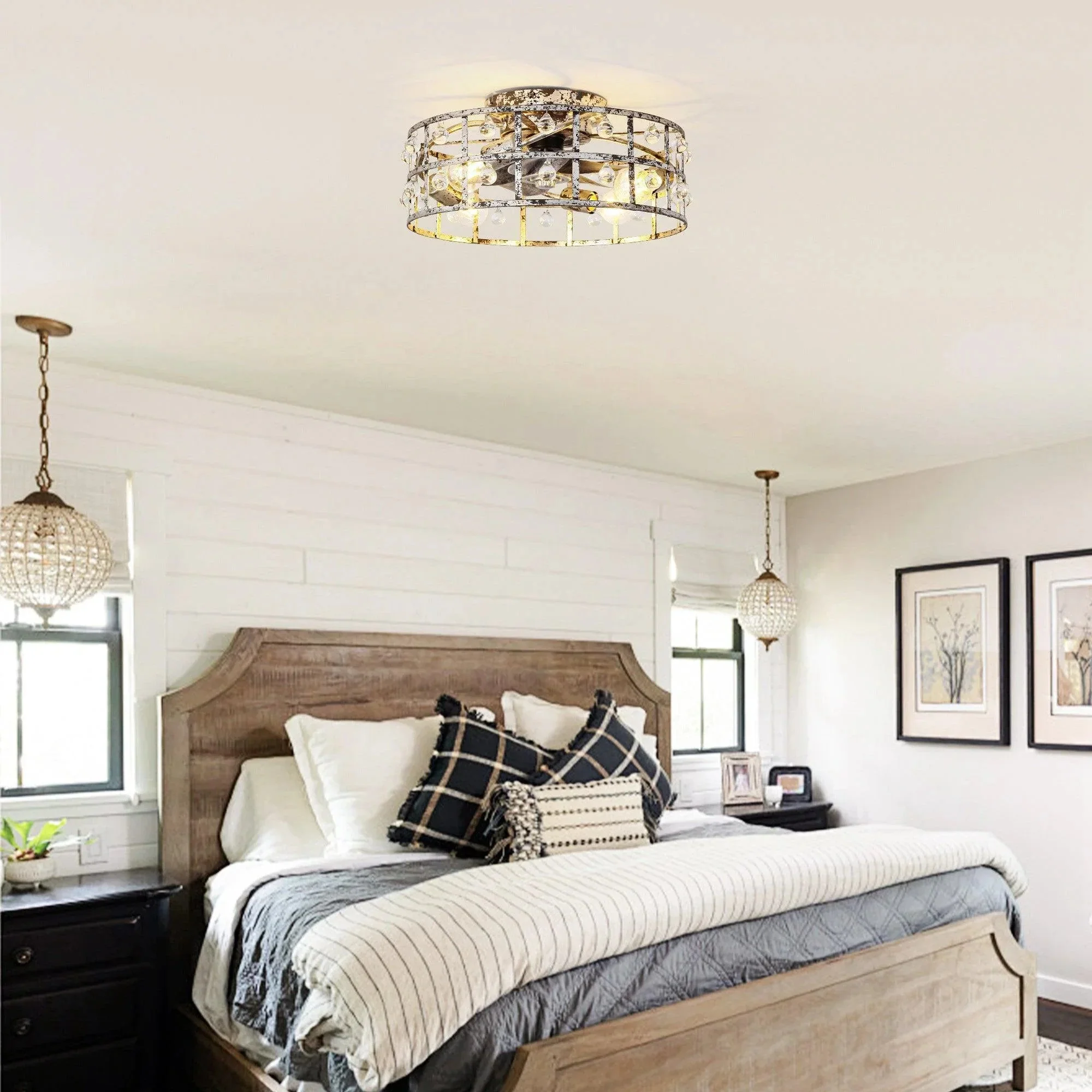 18 Inch Retro Silver Crystal Flush Mount Ceiling Fan with APP Remote Control and Lighting - Image 6