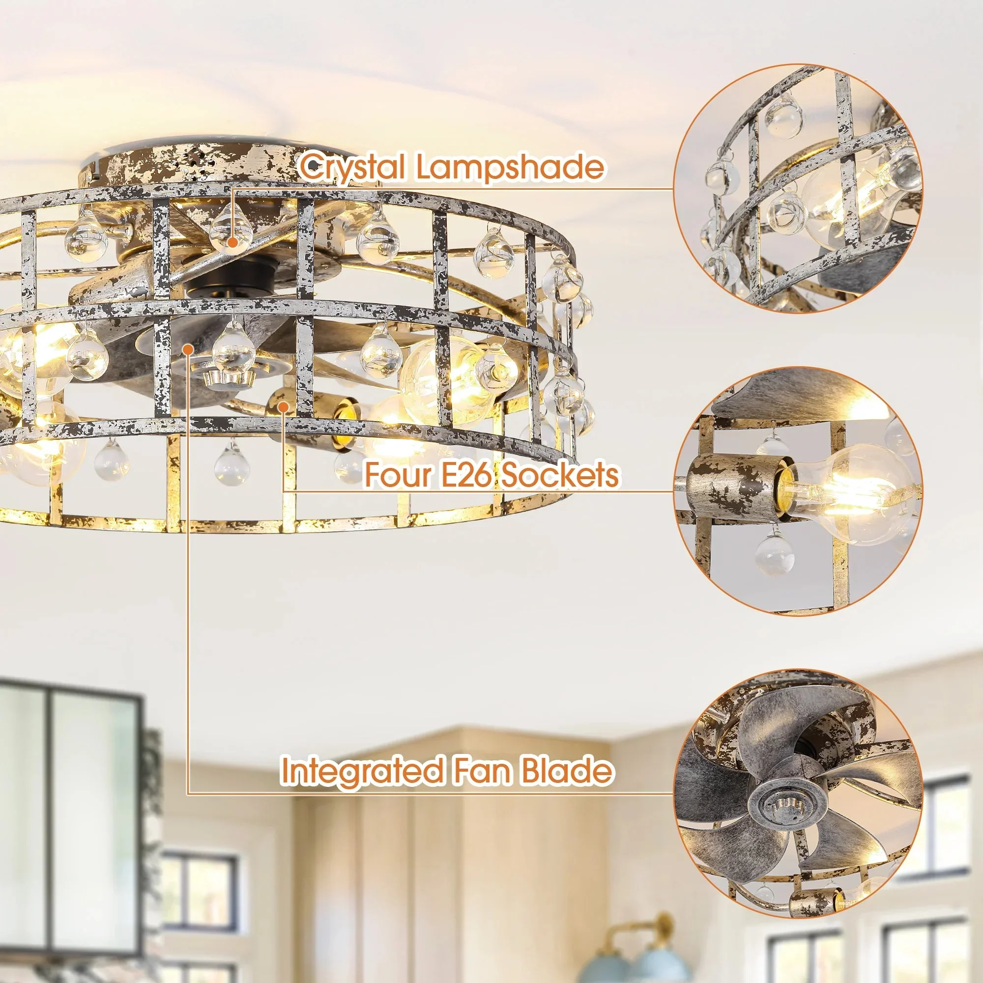 18 Inch Retro Silver Crystal Flush Mount Ceiling Fan with APP Remote Control and Lighting - Image 8