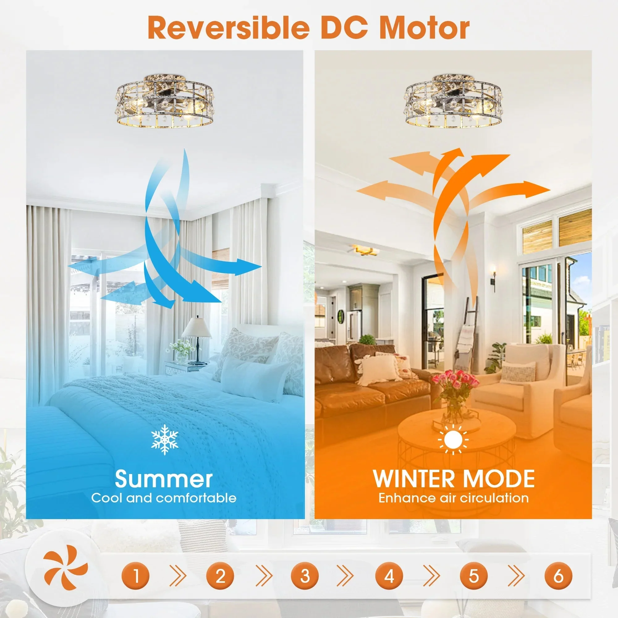 18 Inch Retro Silver Crystal Flush Mount Ceiling Fan with APP Remote Control and Lighting - Image 9