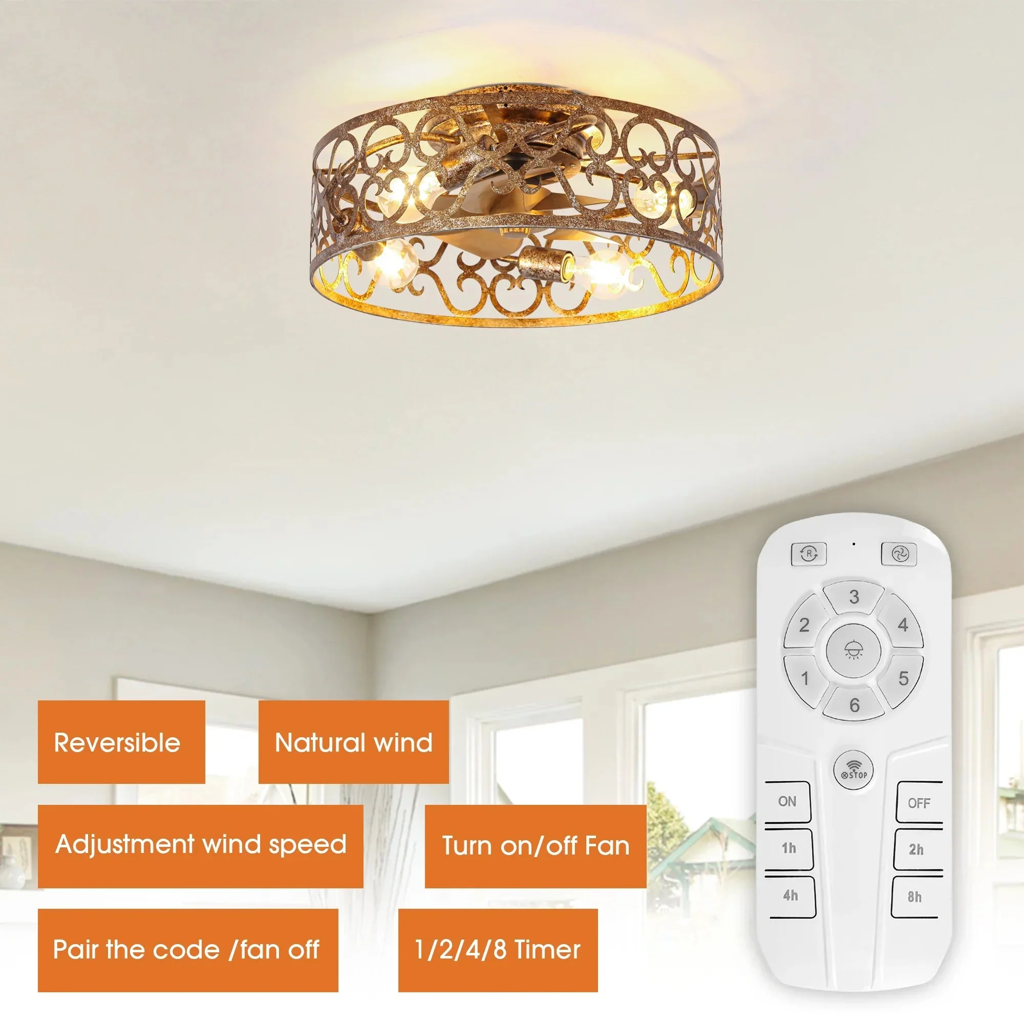 18 Inch Vintage Distressed Golden Industrial Flush Mount Ceiling Fan with Light APP and Remote Control - Image 10