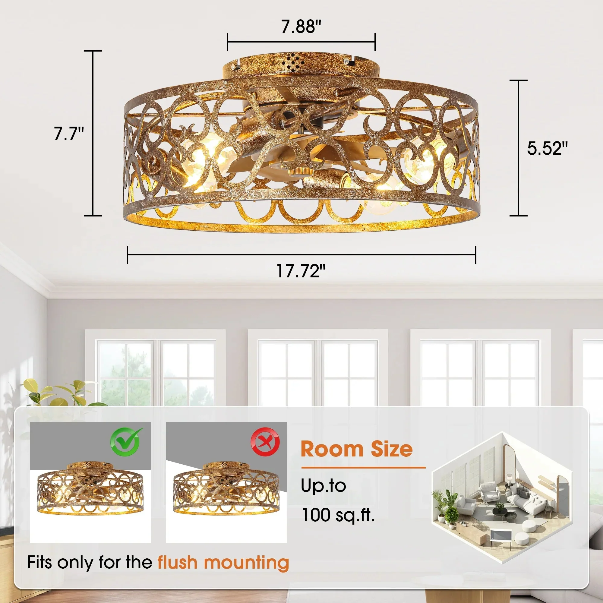 18 Inch Vintage Distressed Golden Industrial Flush Mount Ceiling Fan with Light APP and Remote Control - Image 11
